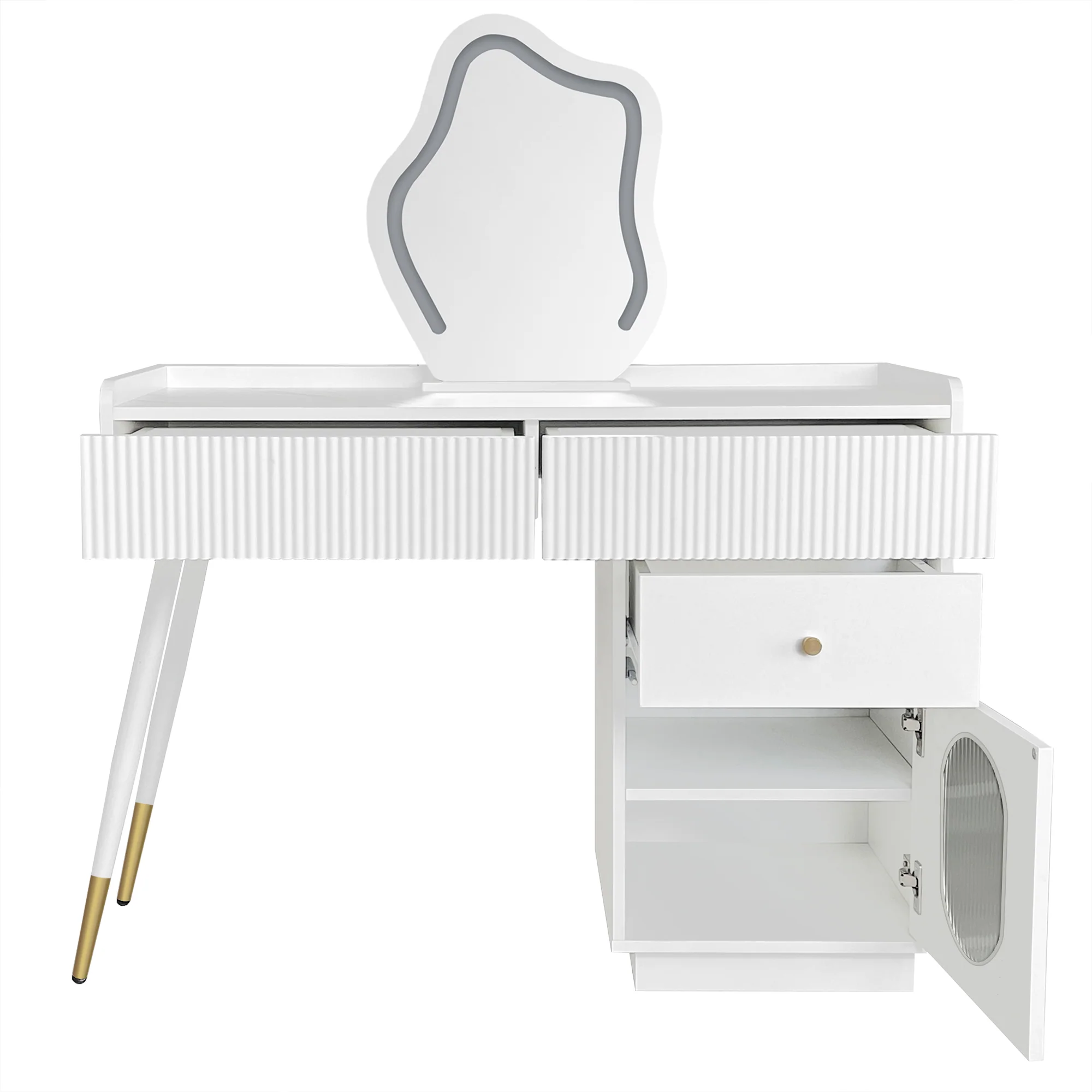 Dressing table with LED mirror and lighting, 3 drawers 1 door, white - Image 8