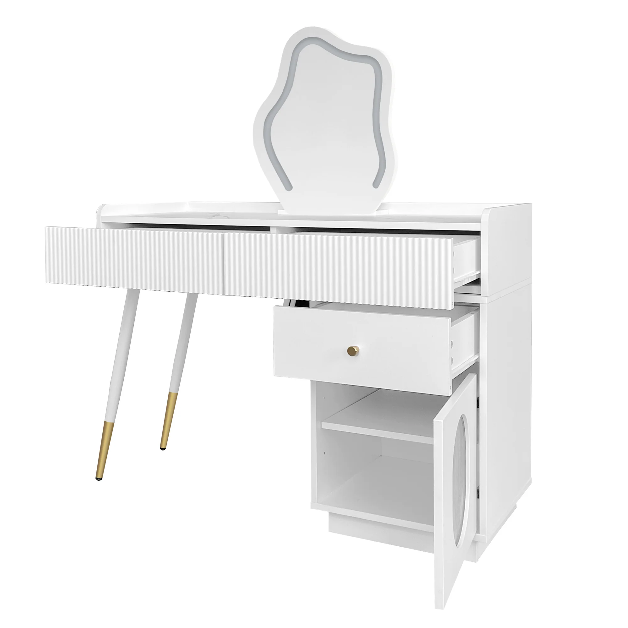 Dressing table with LED mirror and lighting, 3 drawers 1 door, white - Image 9