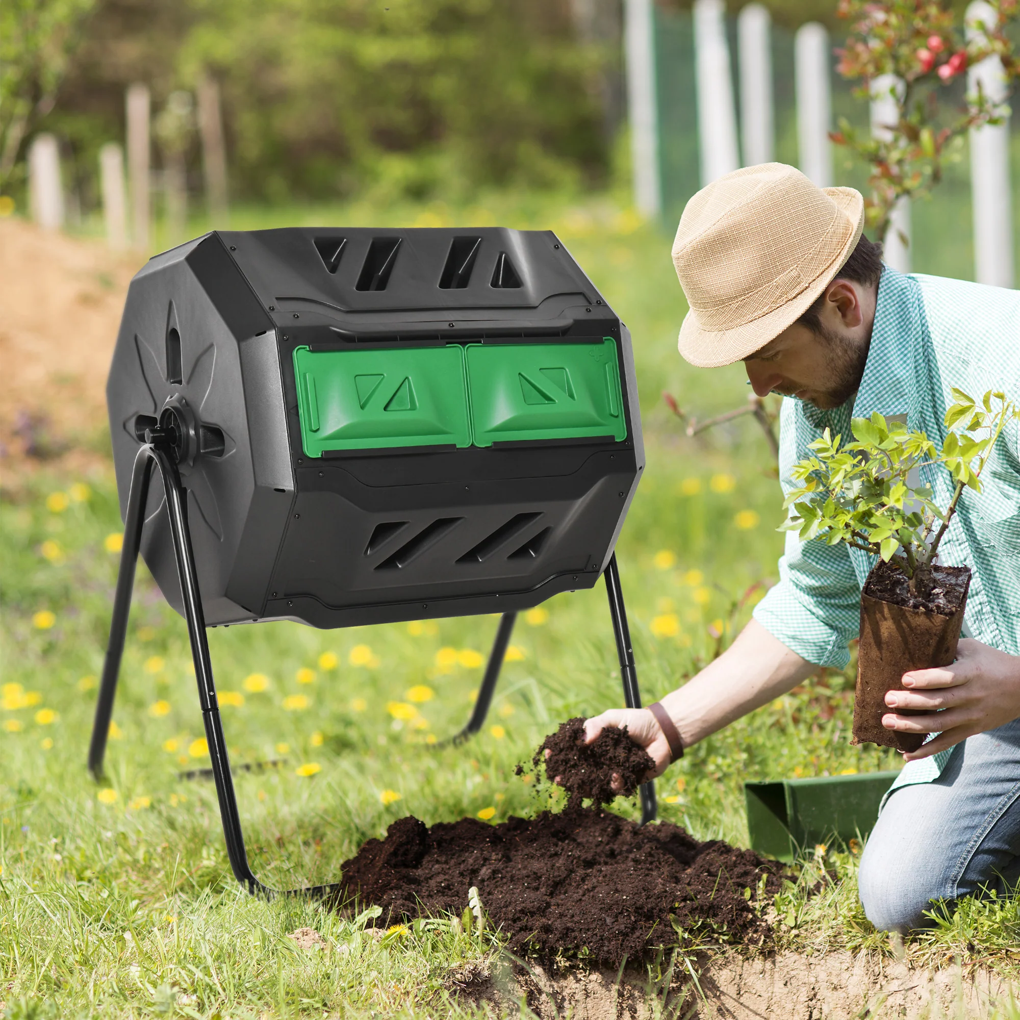 Drum Composter 160L, 2 Chambers, Rotatable, Black - Image 2