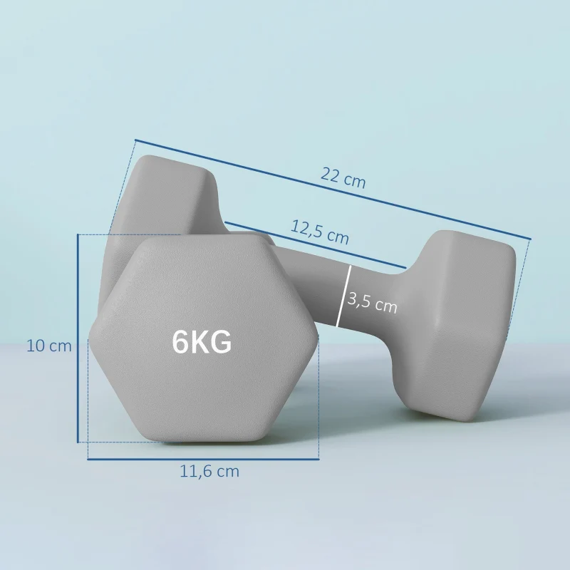 Dumbbell Set 2 x 6 kg Hexagonal Non-Slip - Grey