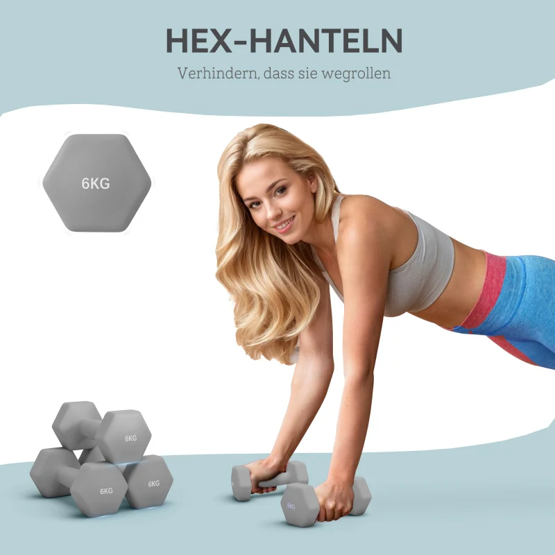 Dumbbell Set 2 x 6 kg Hexagonal Non-Slip - Grey - Image 3