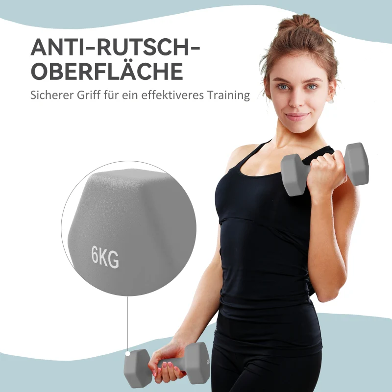 Dumbbell Set 2 x 6 kg Hexagonal Non-Slip - Grey - Image 5