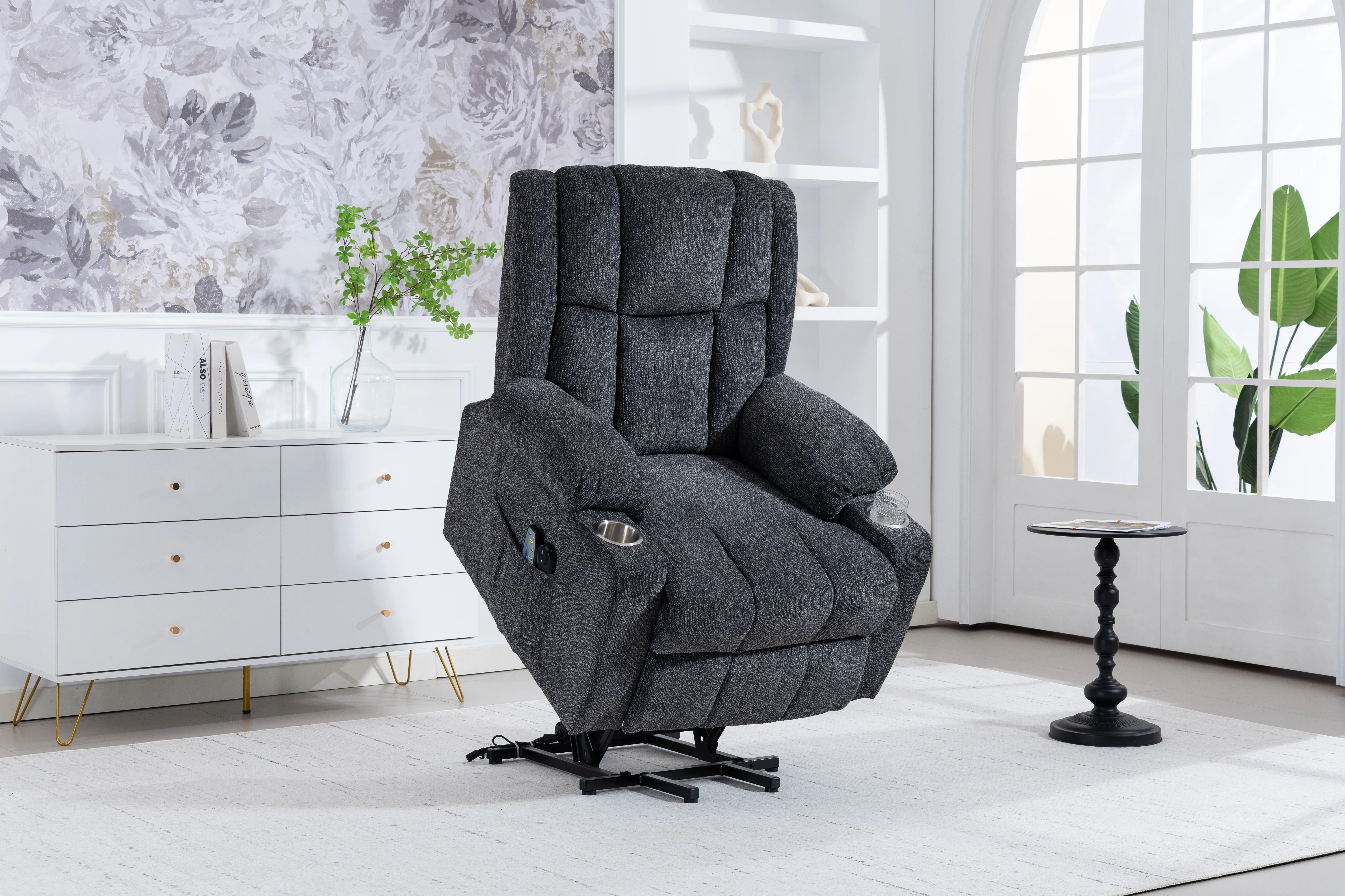 Electric Armchair Lift Assist Massage Heat Footrest Cup Holder - Dark Grey