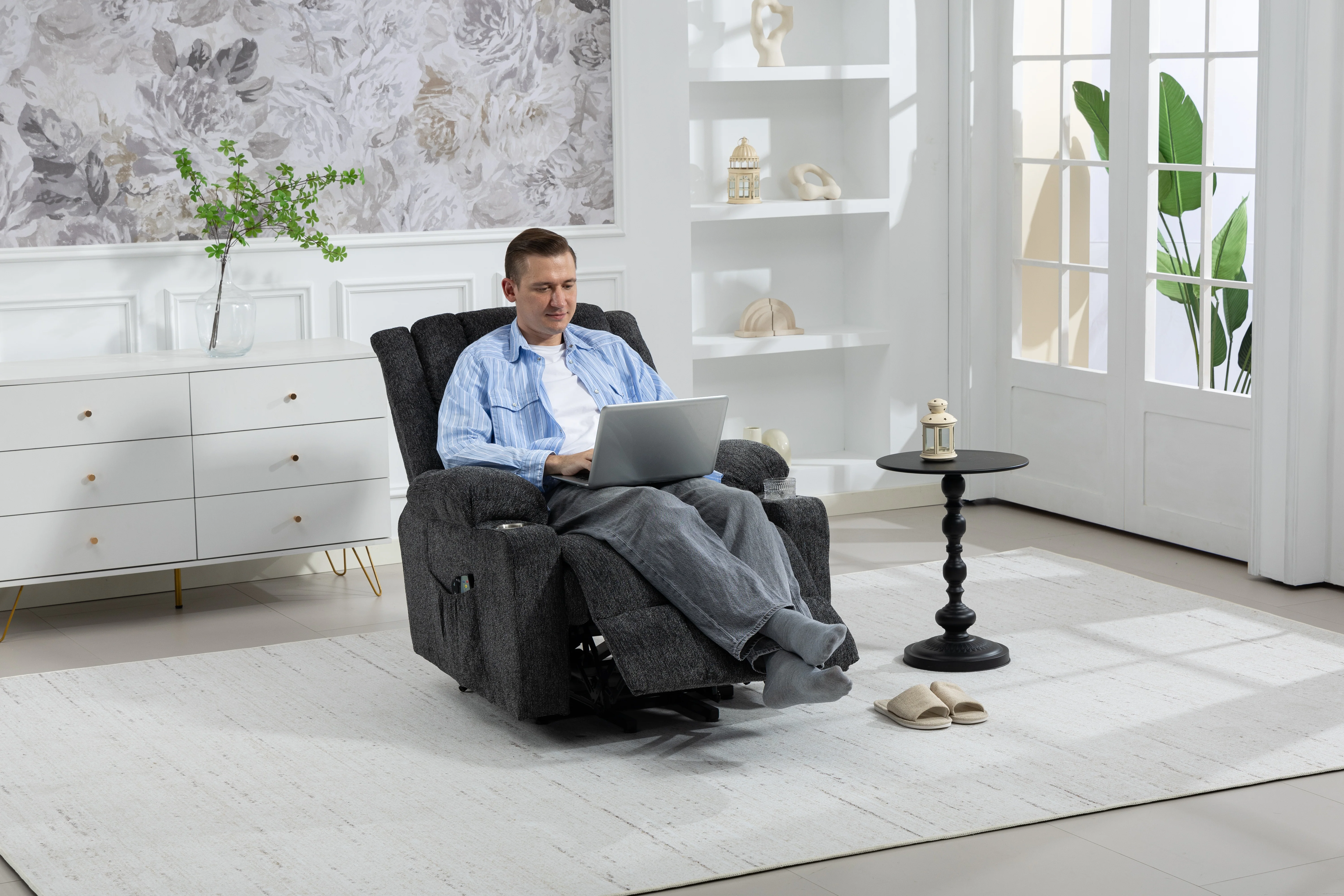 Electric Armchair Lift Assist Massage Heat Footrest Cup Holder - Dark Grey - Image 6