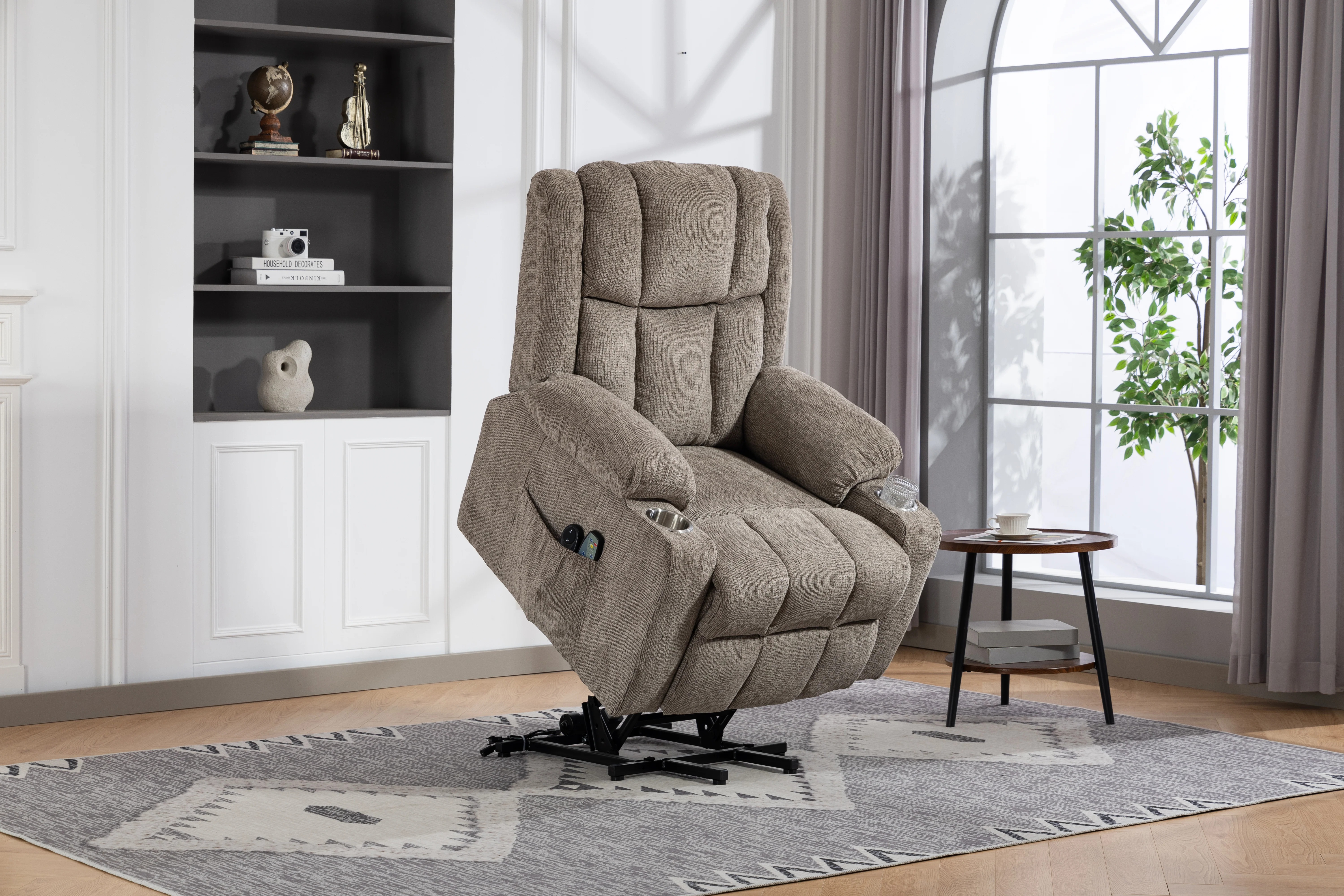 Electric Recliner Armchair with Lift Assistance, Massage, Heat, Footrest & Cupholder - Light Brown
