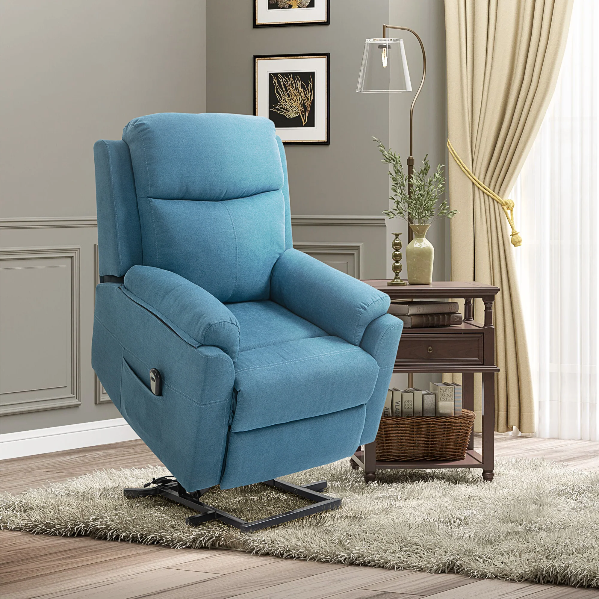 Electric Recliner/TV Chair, Lift Assistance Reclining Sleeping Function, Linen Look Blue - Image 2