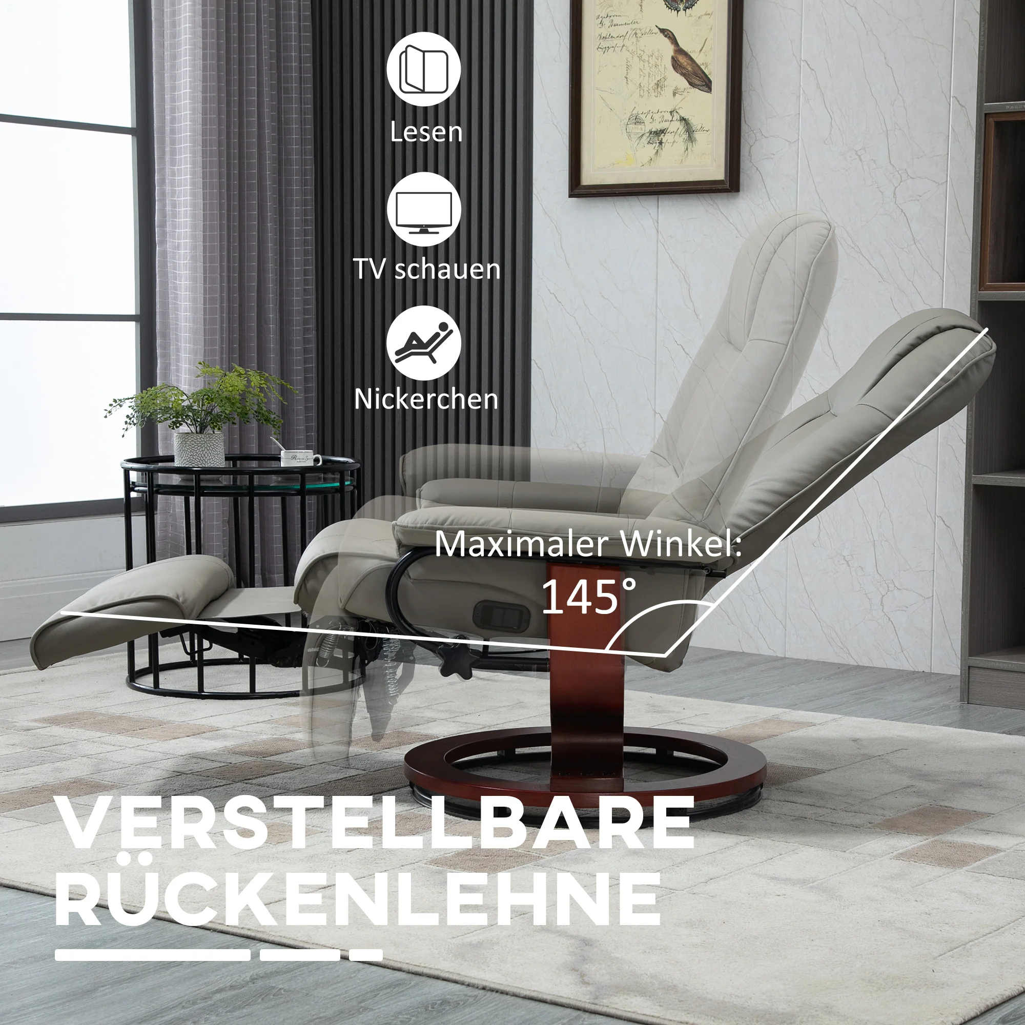 Electric TV Recliner, 145° Reclining Footrest with Side Buttons, Faux Leather Grey - Image 4