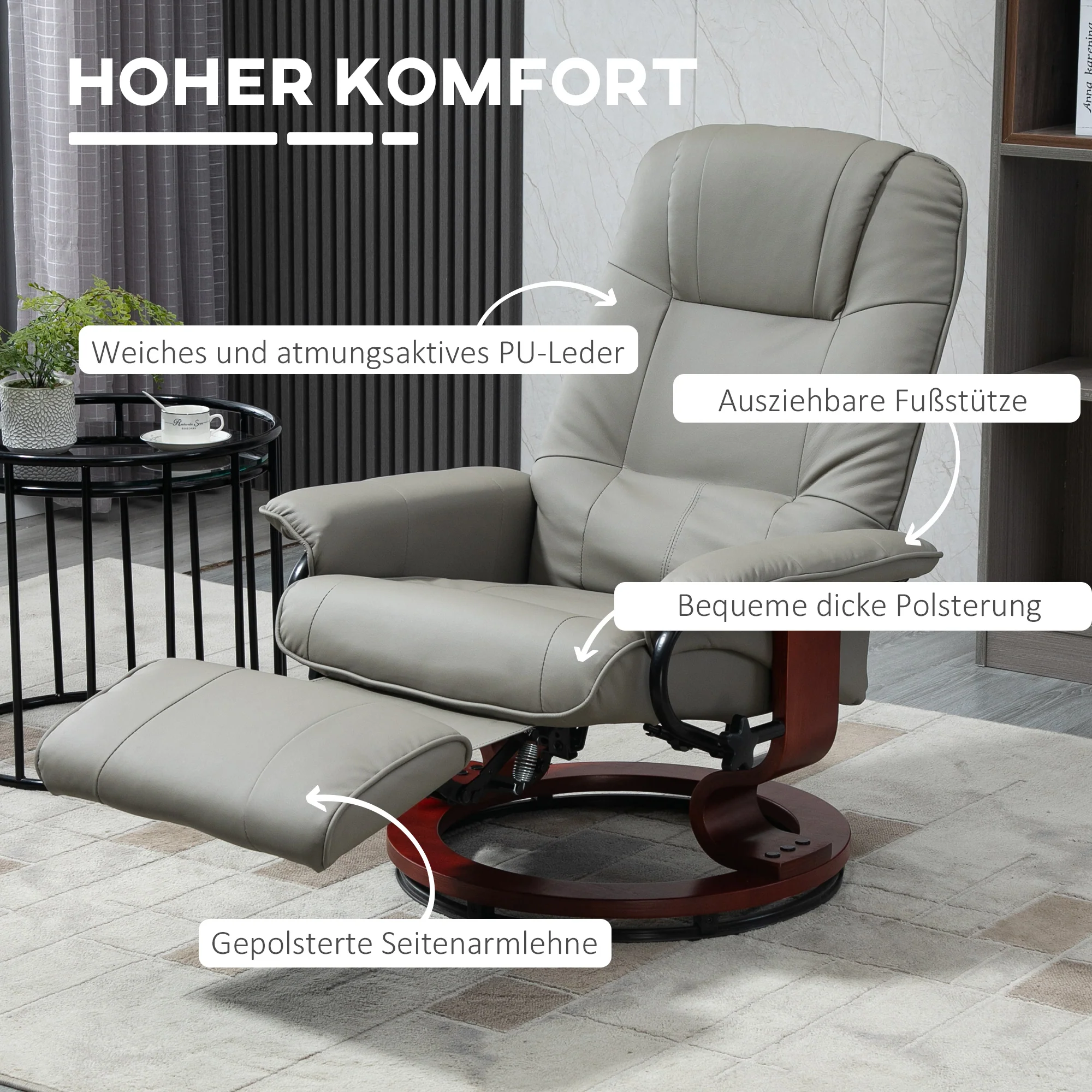 Electric TV Recliner, 145° Reclining Footrest with Side Buttons, Faux Leather Grey - Image 6
