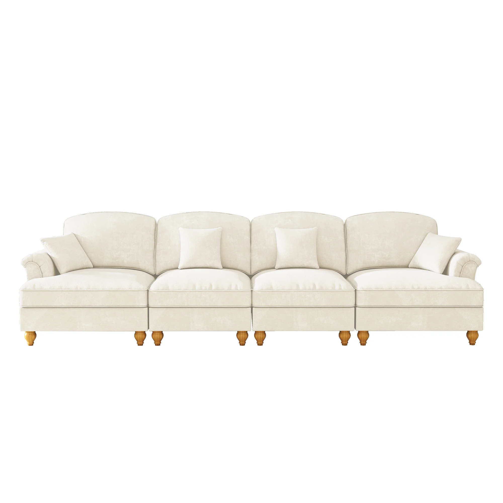 Elegant 4-Seater Sofa Mid-Century Ruffled Apron Spindle Legs - White Chenille - Image 10