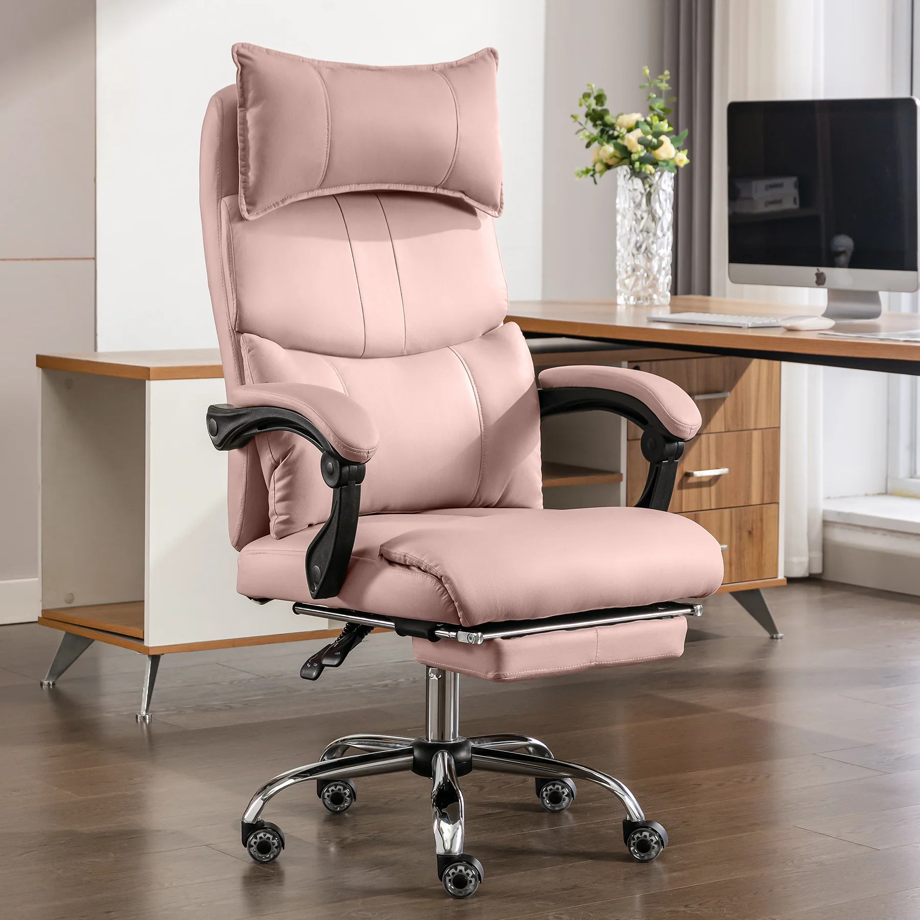 Ergonomic Executive Office Chair Swivel Height Adjustable Double Lumbar Support - PU Leather Pink - Image 5