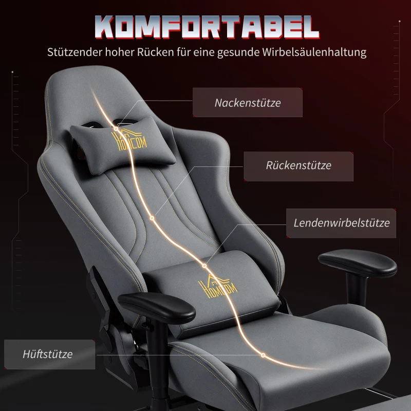 Ergonomic Gaming Chair Adjustable Rolling Desk with 3D Armrests Lumbar Support Grey - Image 4