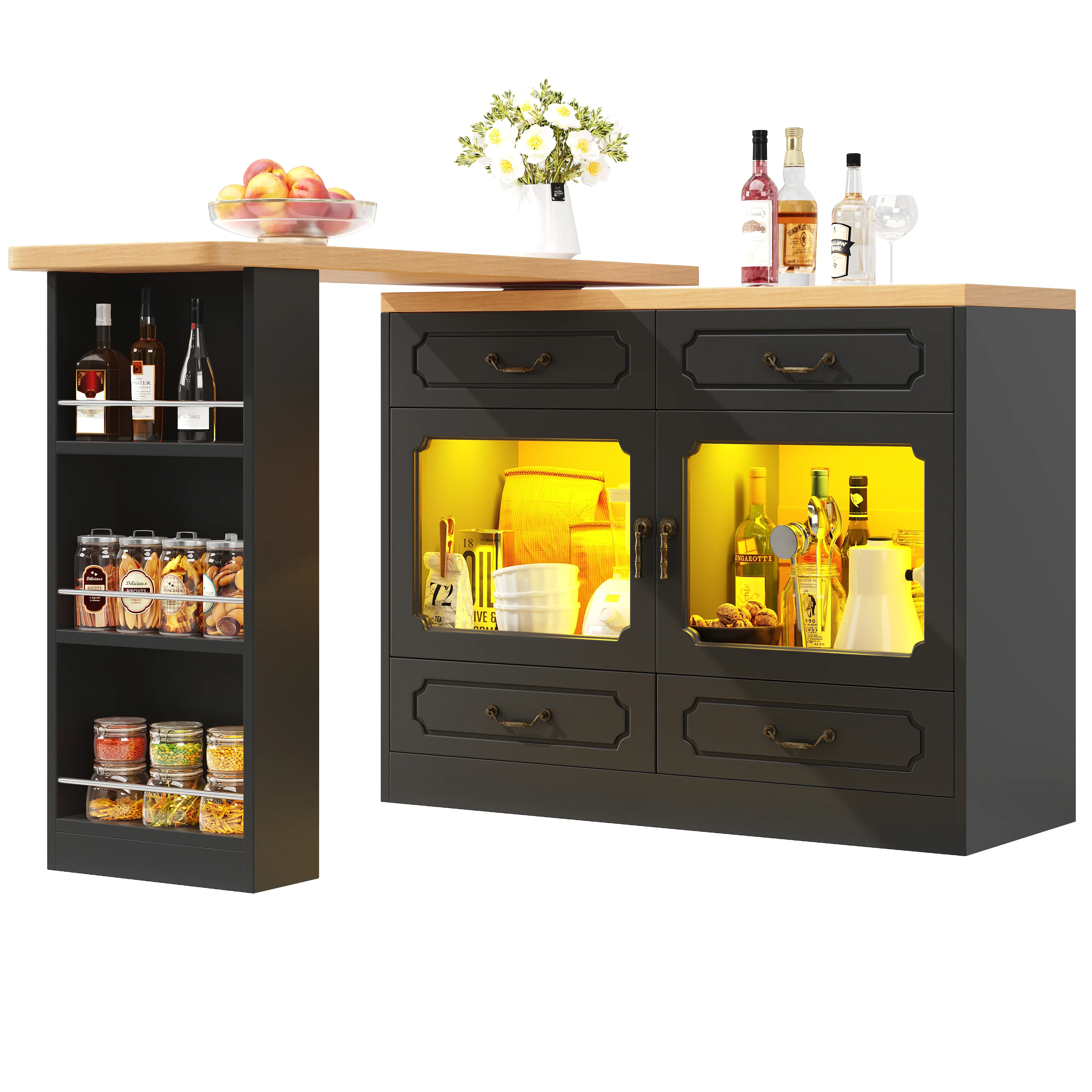 Extendable Bar Table 360° Rotating Storage LED 135-203cm - Black - Image 10