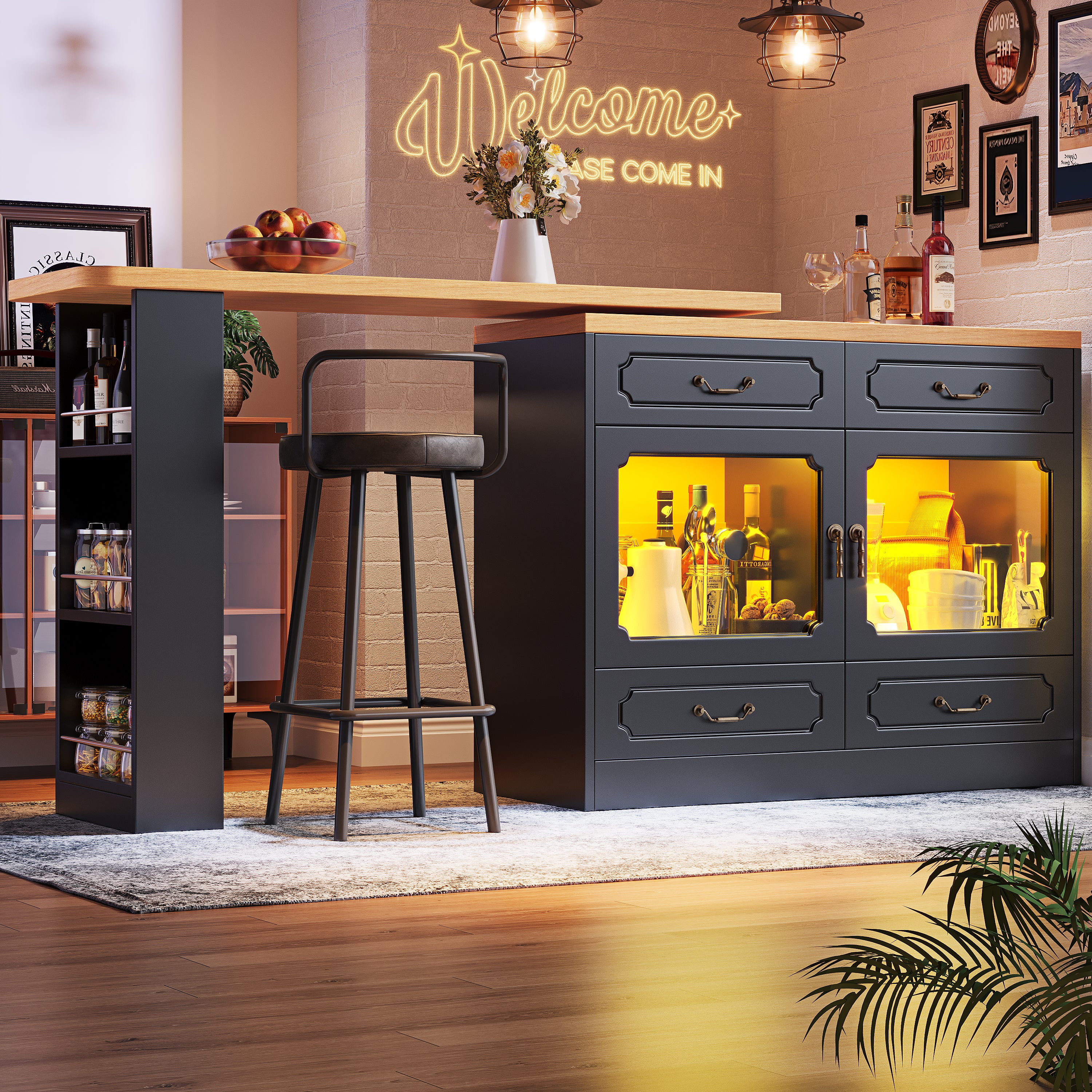 Extendable Bar Table 360° Rotating Storage LED 135-203cm - Black - Image 2