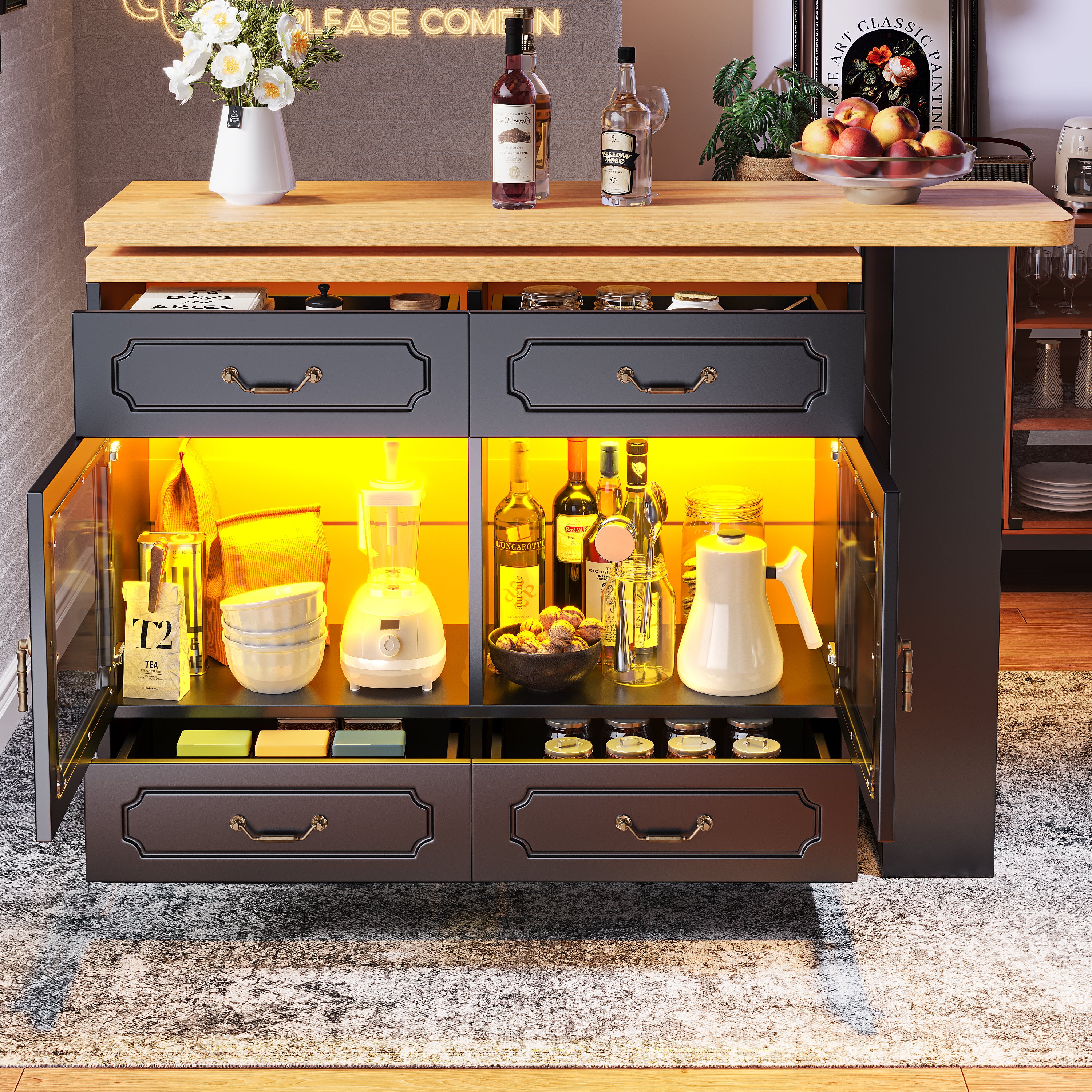 Extendable Bar Table 360° Rotating Storage LED 135-203cm - Black - Image 4