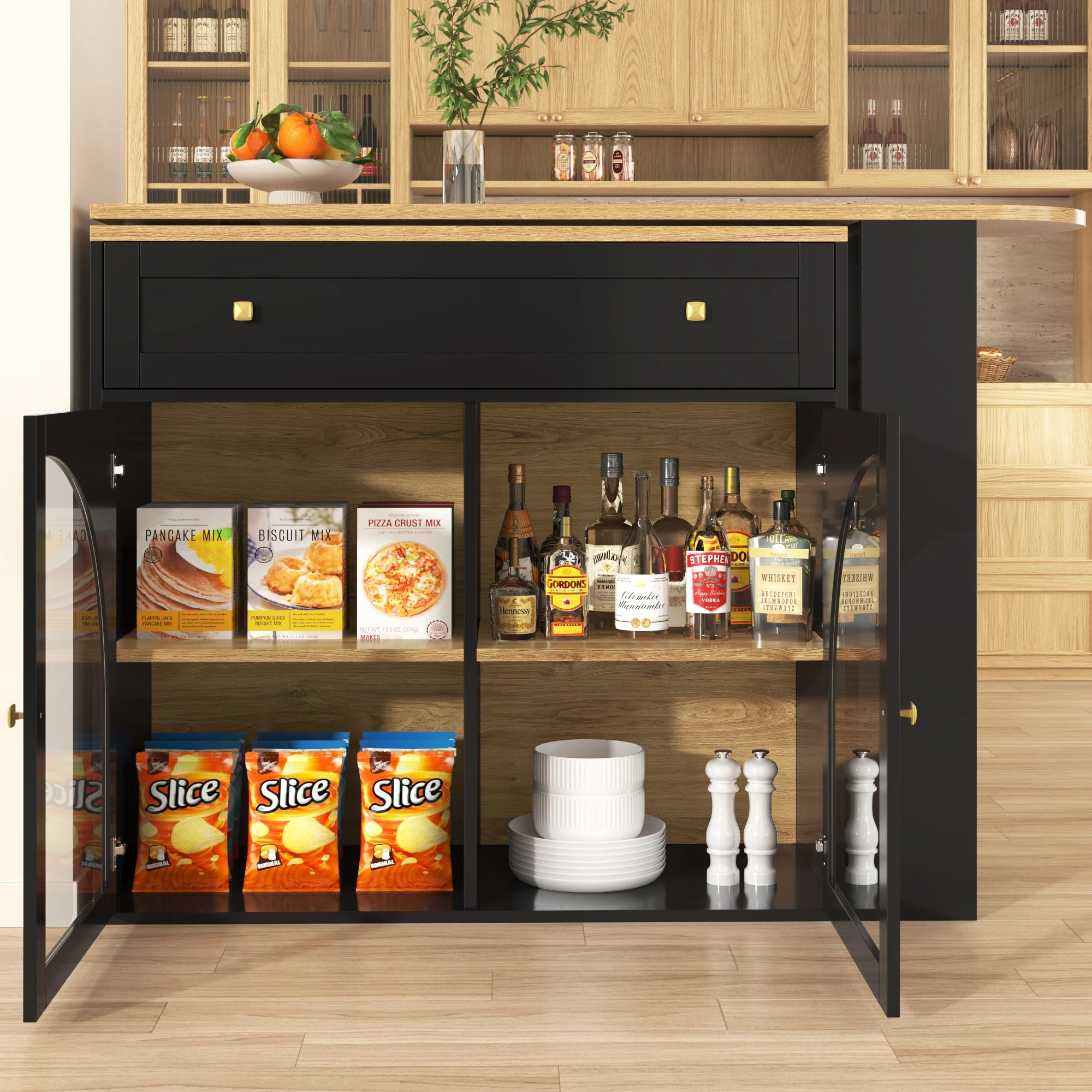 Extendable Bar Table 360° Rotating Storage Shelves Glass - Black - Image 3