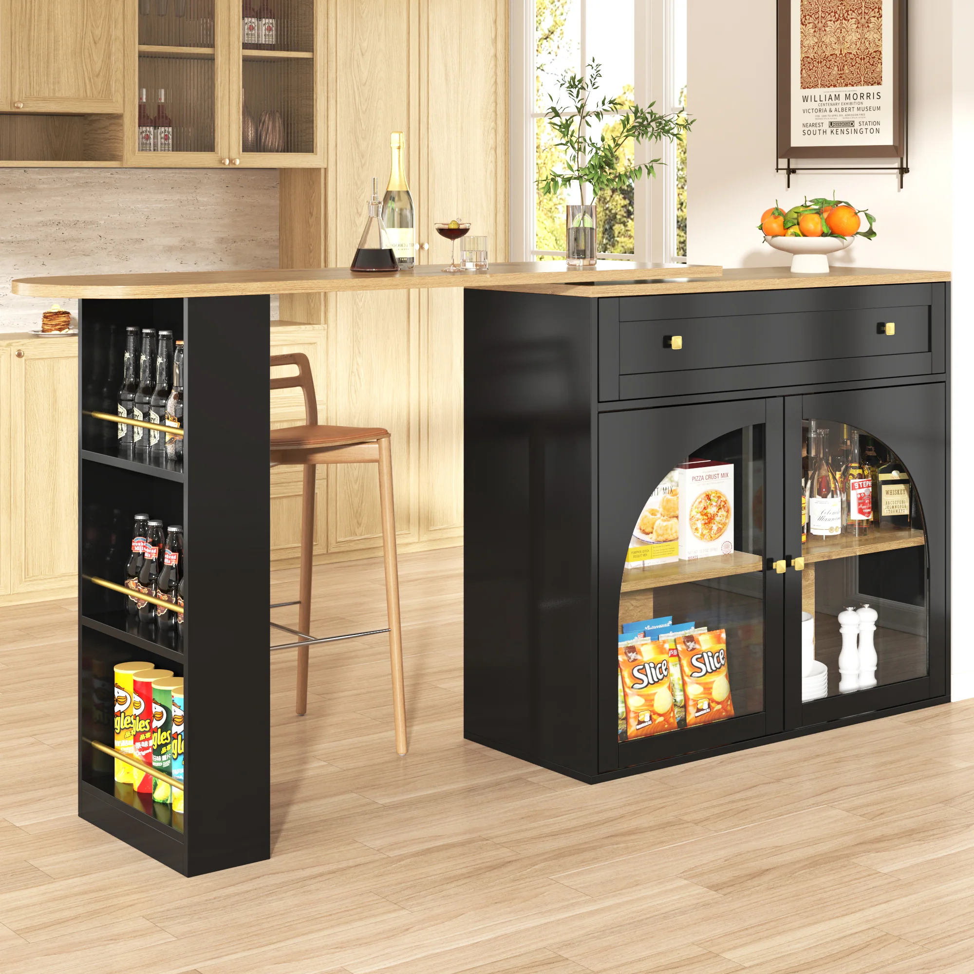 Extendable Bar Table 360° Rotating Storage Shelves Glass - Black - Image 4