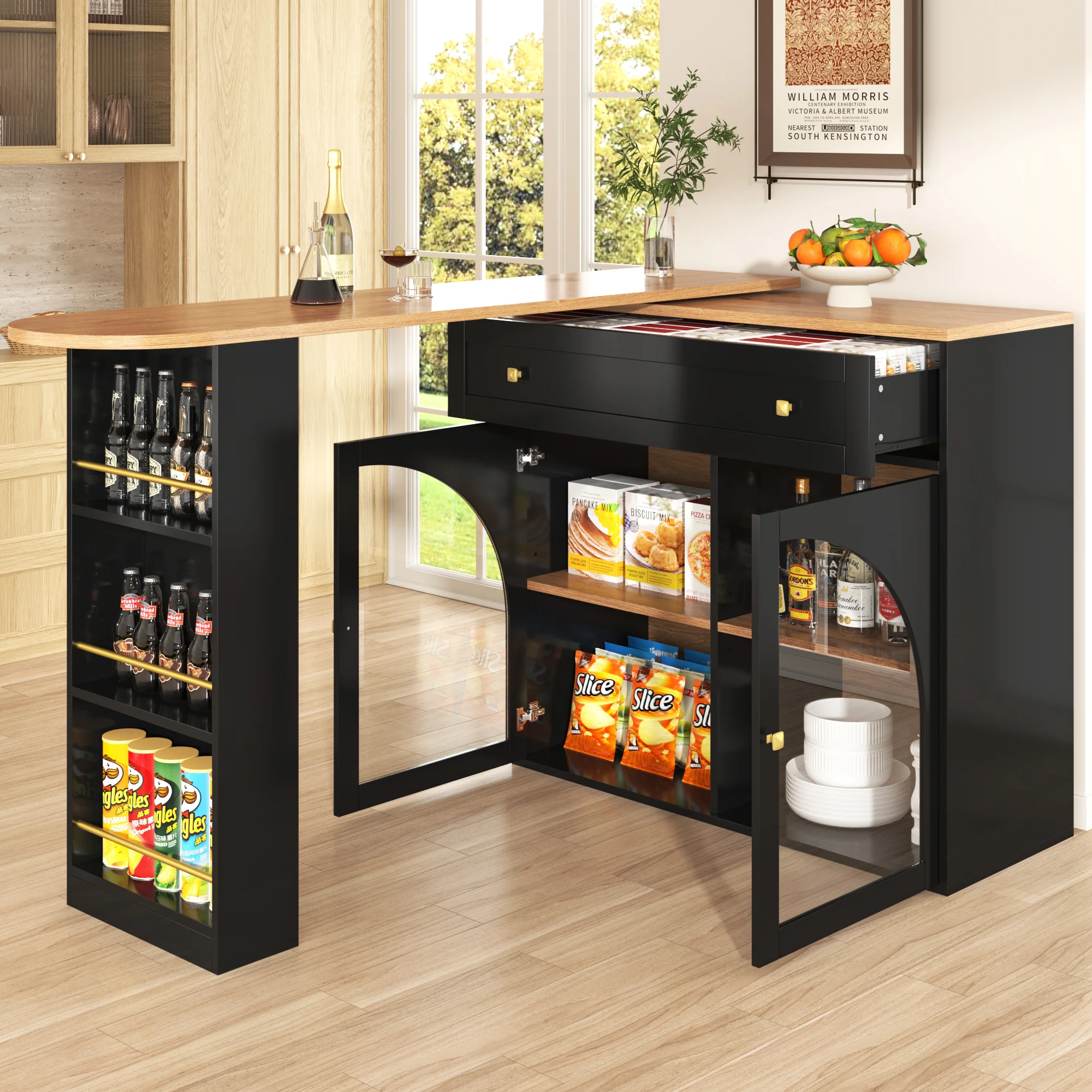 Extendable Bar Table 360° Rotating Storage Shelves Glass - Black - Image 6