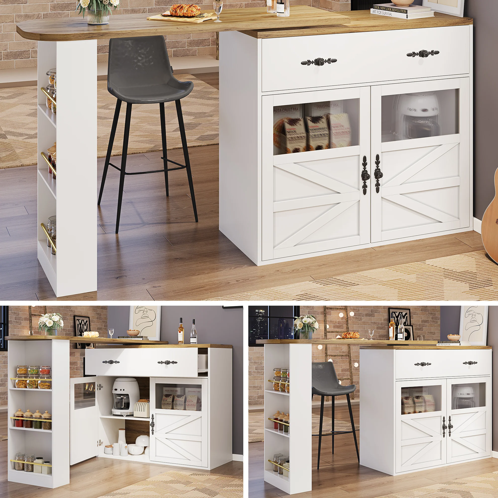Extendable Bar Table 360° Rotating Storage Shelves - White