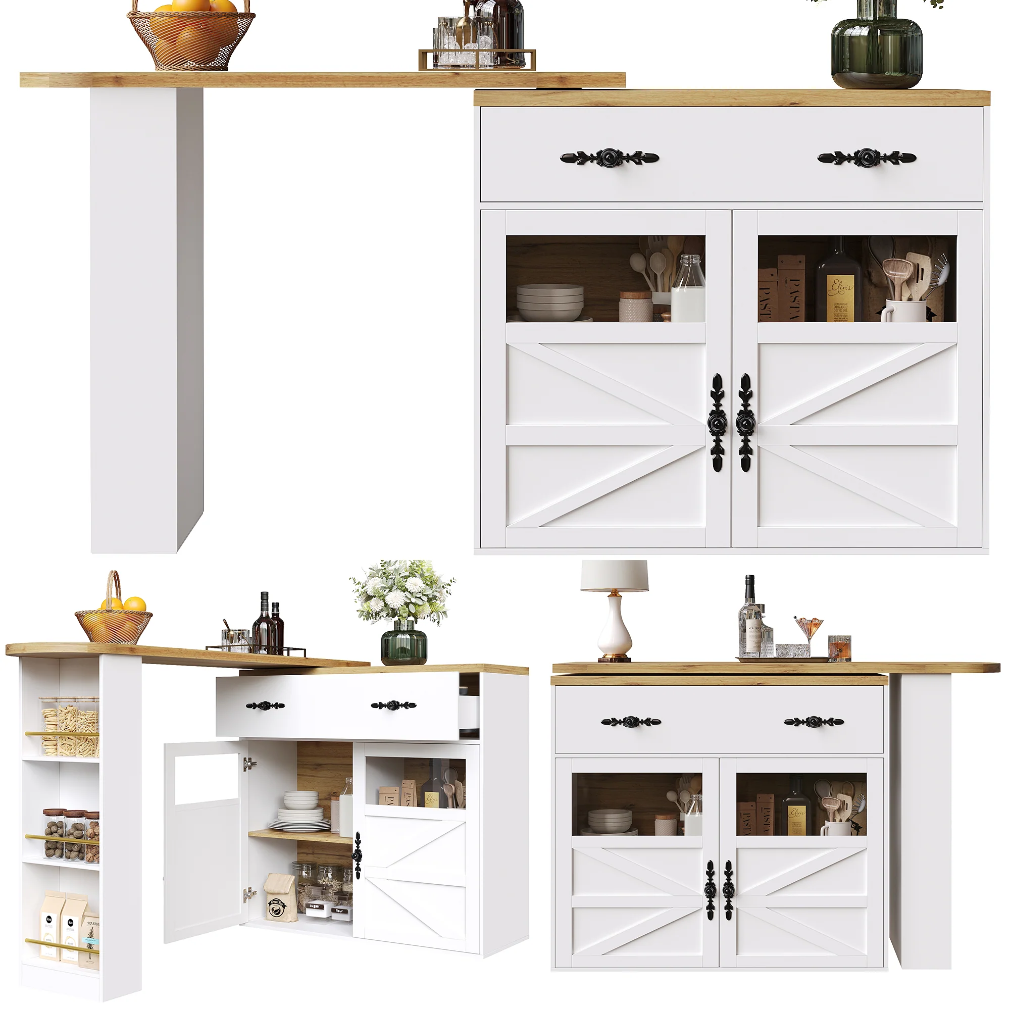 Extendable Bar Table 360° Rotating Storage Shelves - White - Image 2