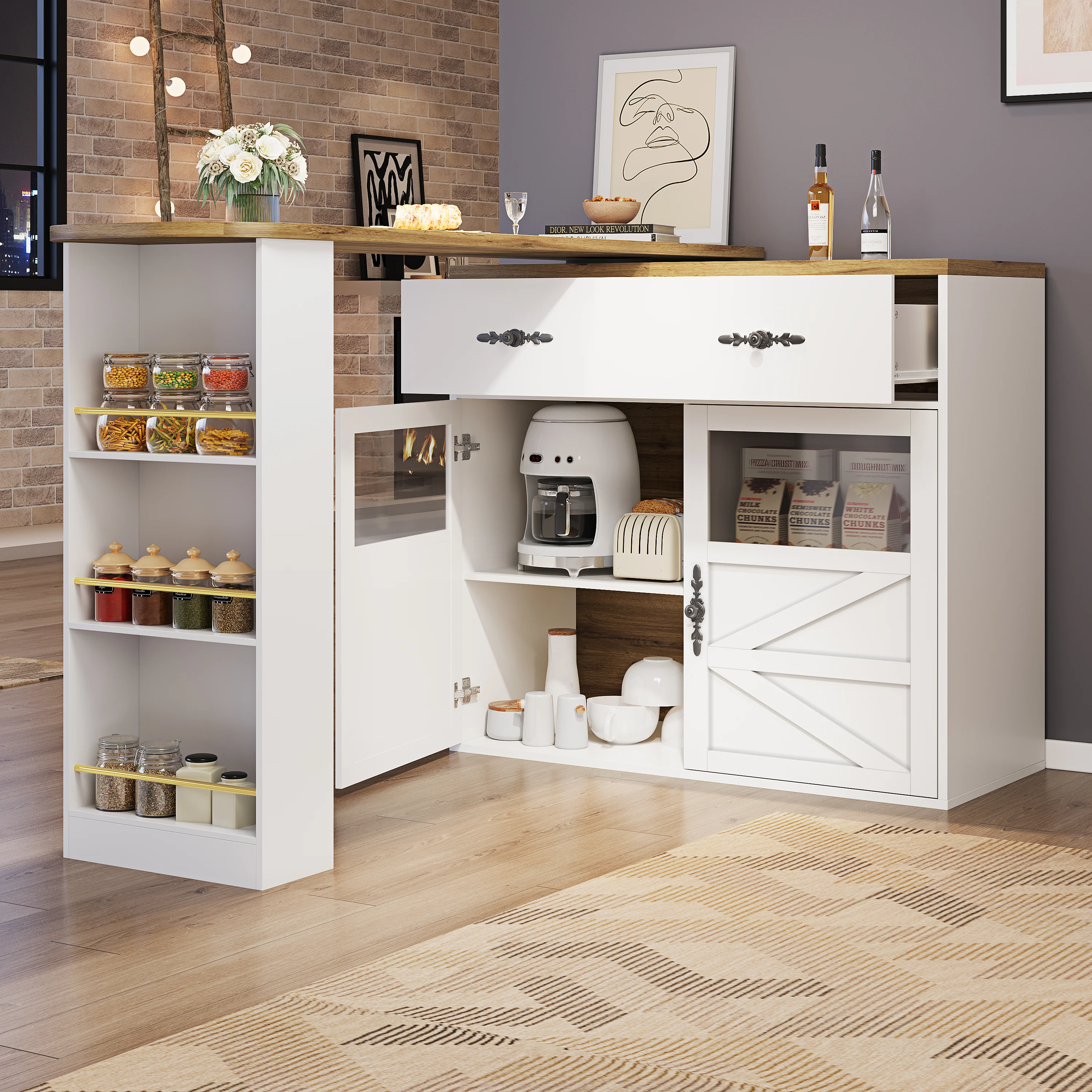 Extendable Bar Table 360° Rotating Storage Shelves - White - Image 3