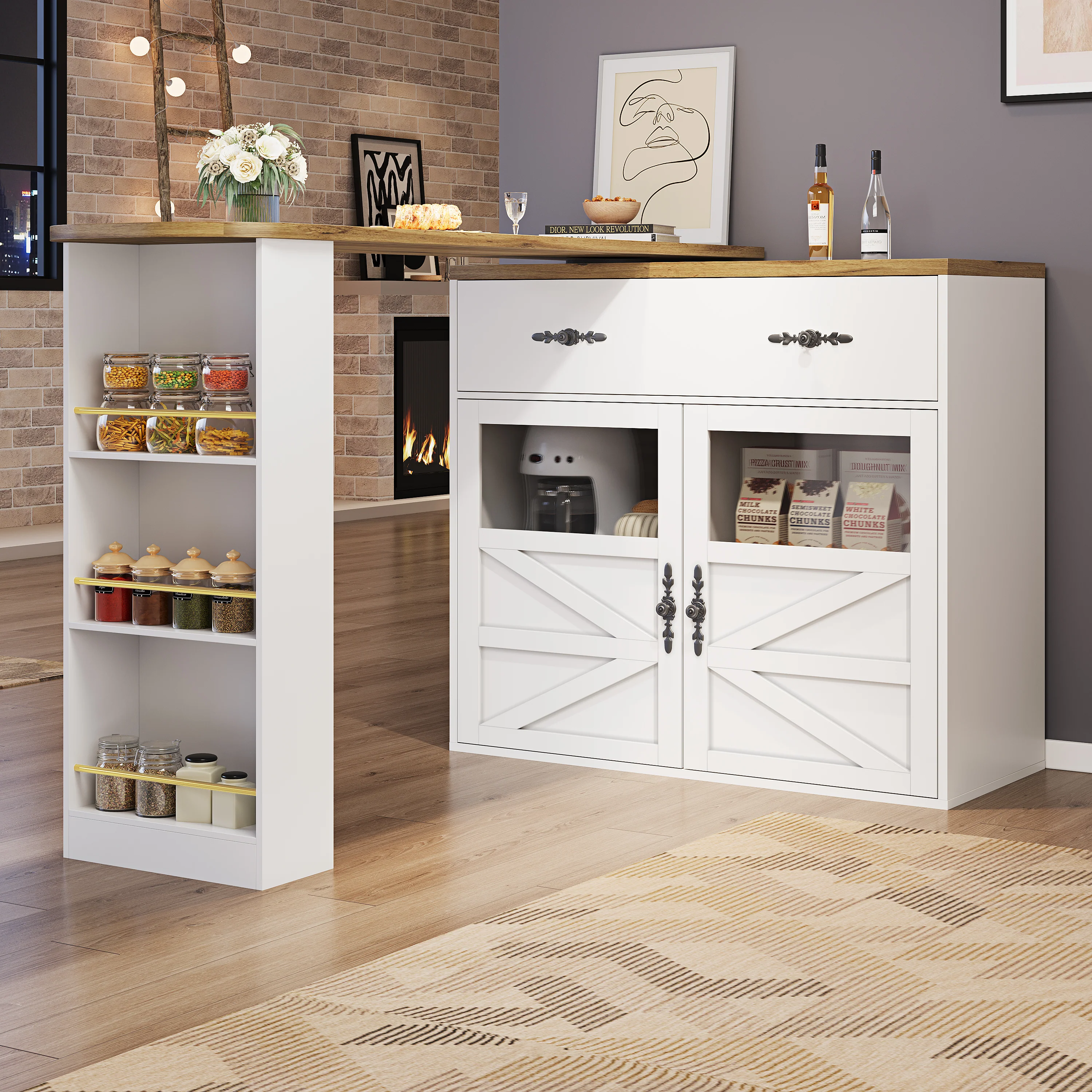 Extendable Bar Table 360° Rotating Storage Shelves - White - Image 4