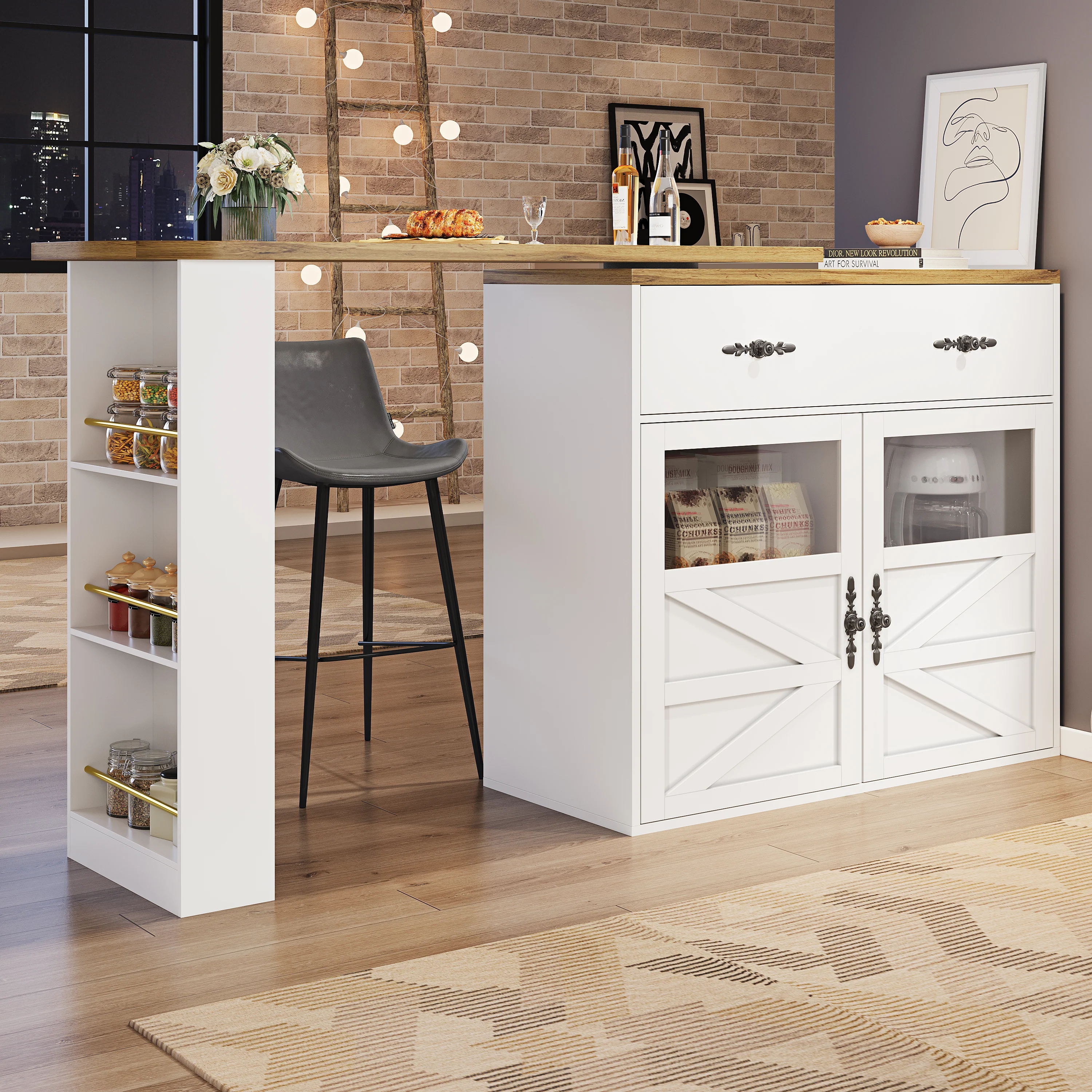 Extendable Bar Table 360° Rotating Storage Shelves - White - Image 5