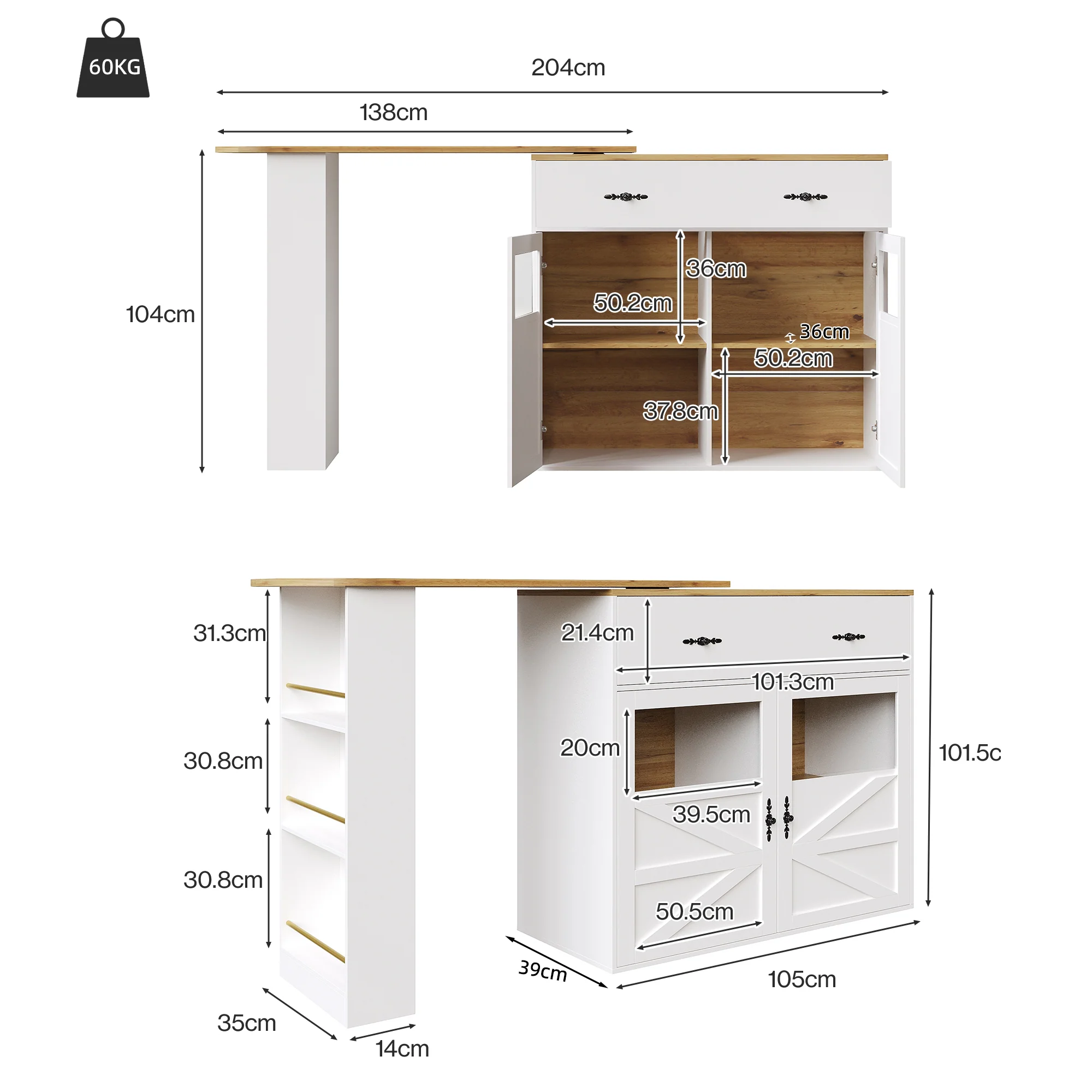 Extendable Bar Table 360° Rotating Storage Shelves - White - Image 7