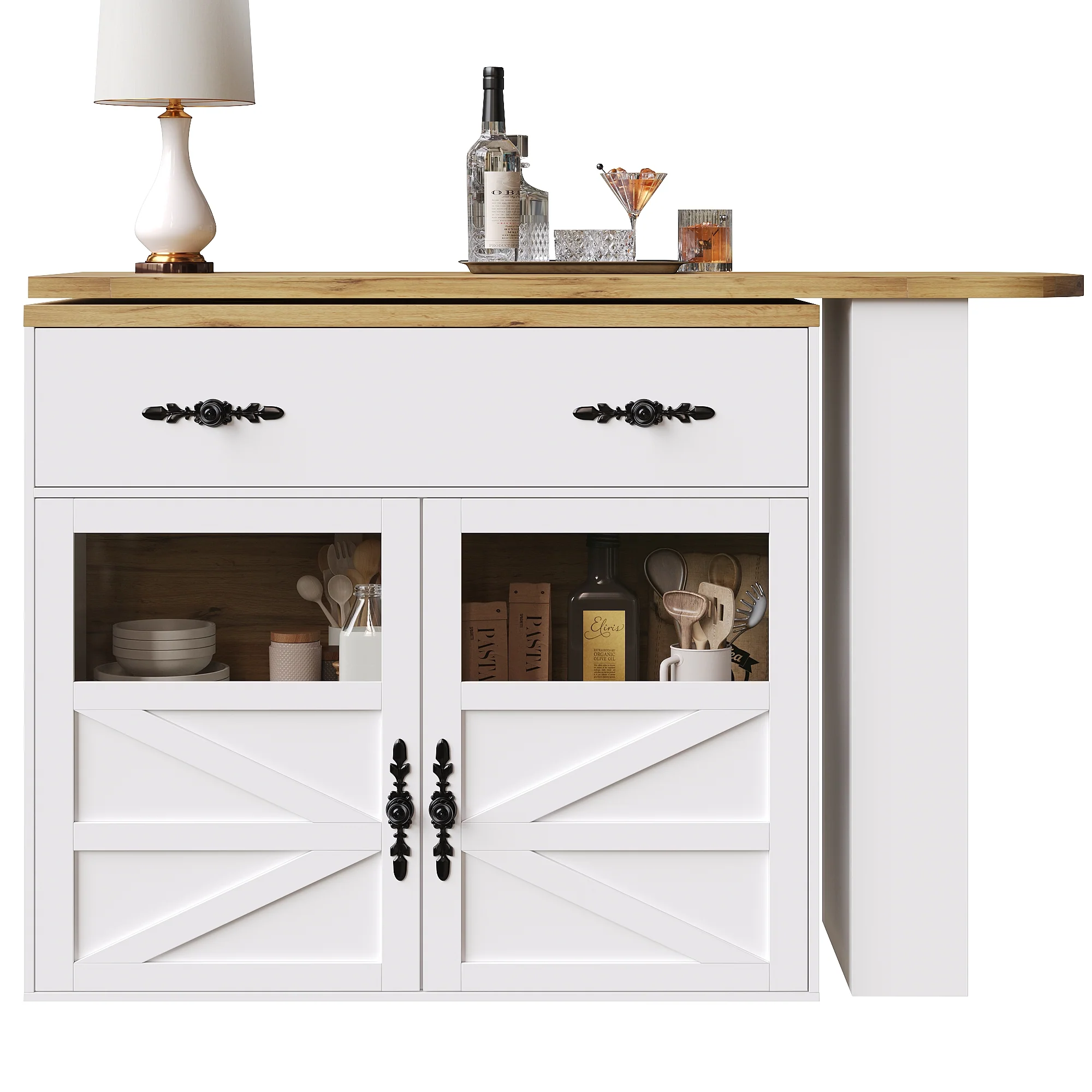 Extendable Bar Table 360° Rotating Storage Shelves - White - Image 8