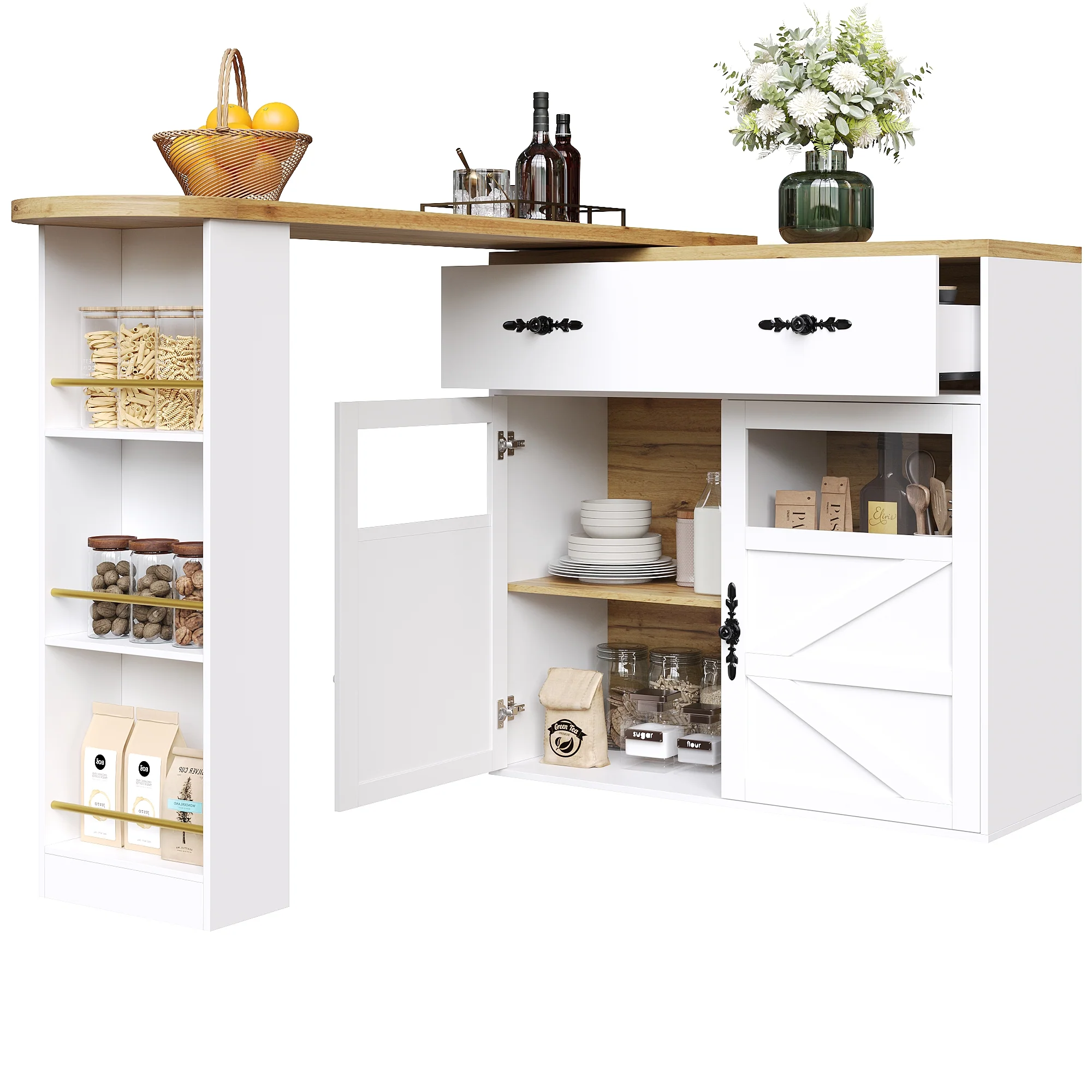 Extendable Bar Table 360° Rotating Storage Shelves - White - Image 9