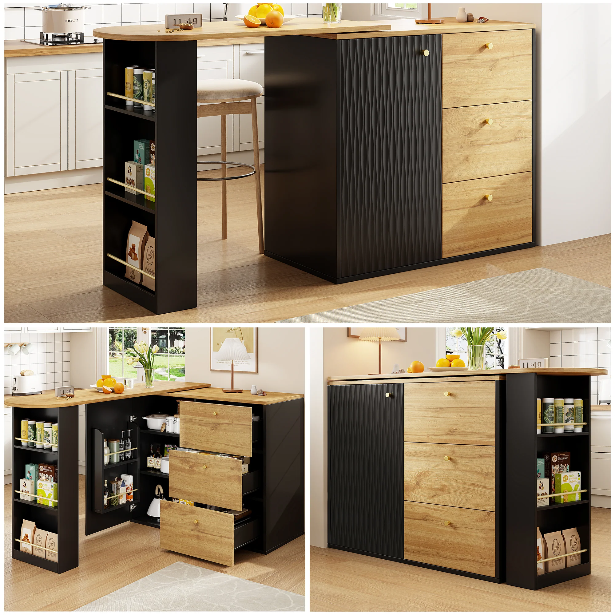 Extendable Bar Table 360° Rotating Storage - Wood Grain