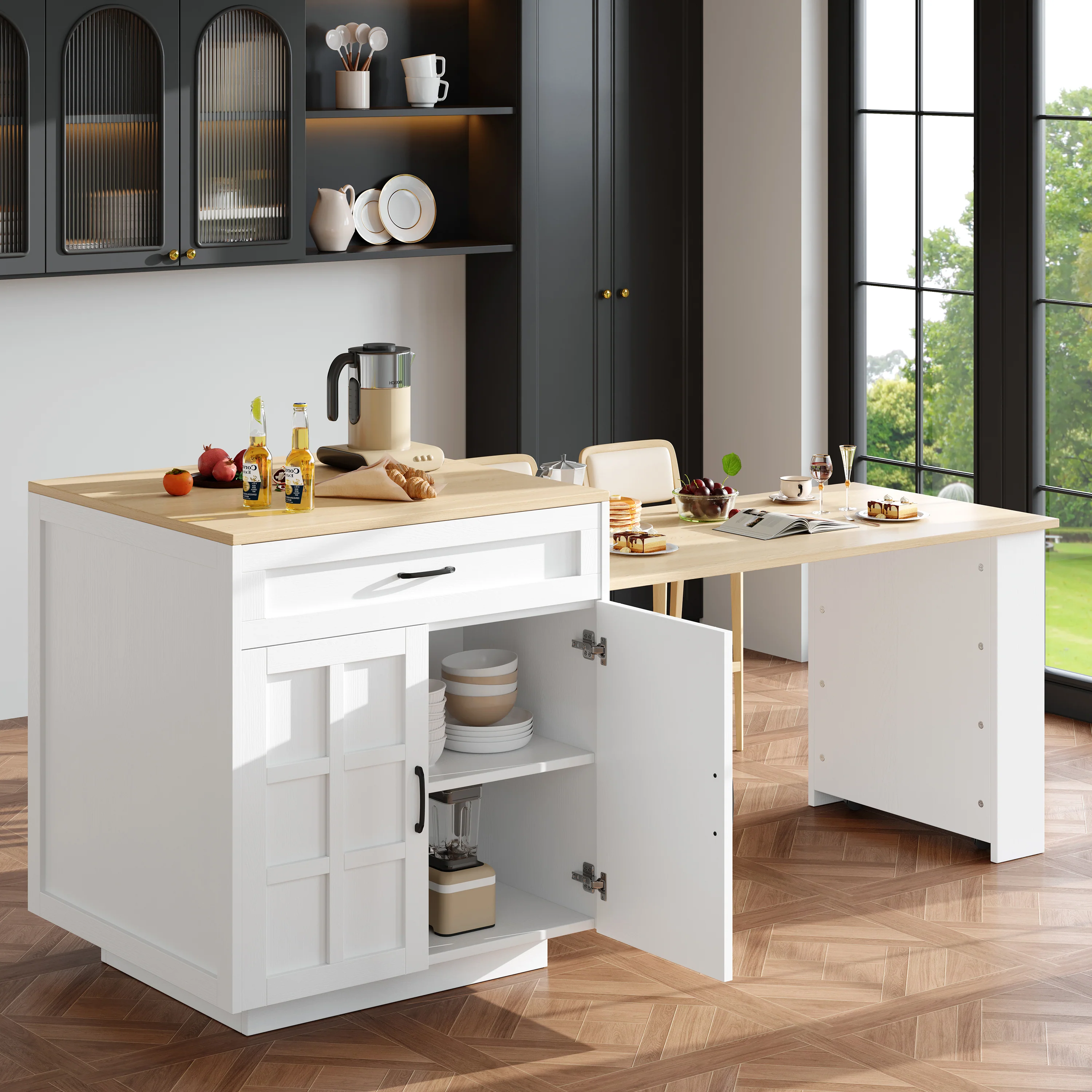 Extendable Bar Table Kitchen Island Dining Cart with Storage Drawers and Shelves White - Image 2