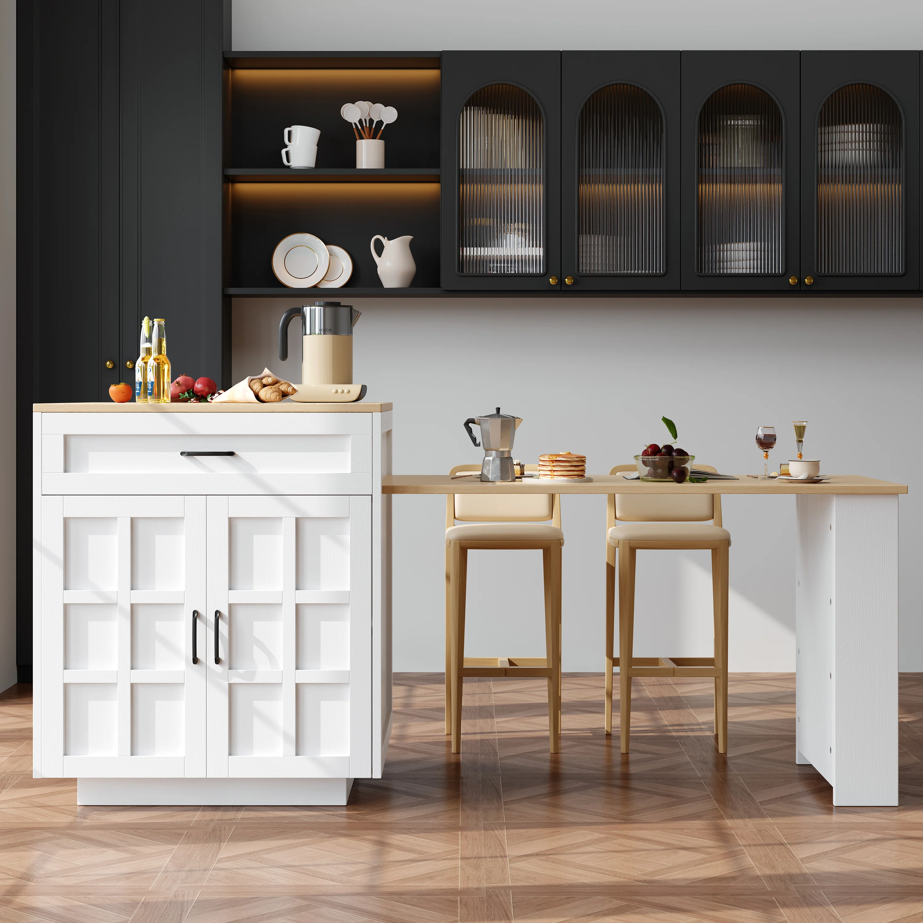 Extendable Bar Table Kitchen Island Dining Cart with Storage Drawers and Shelves White - Image 4