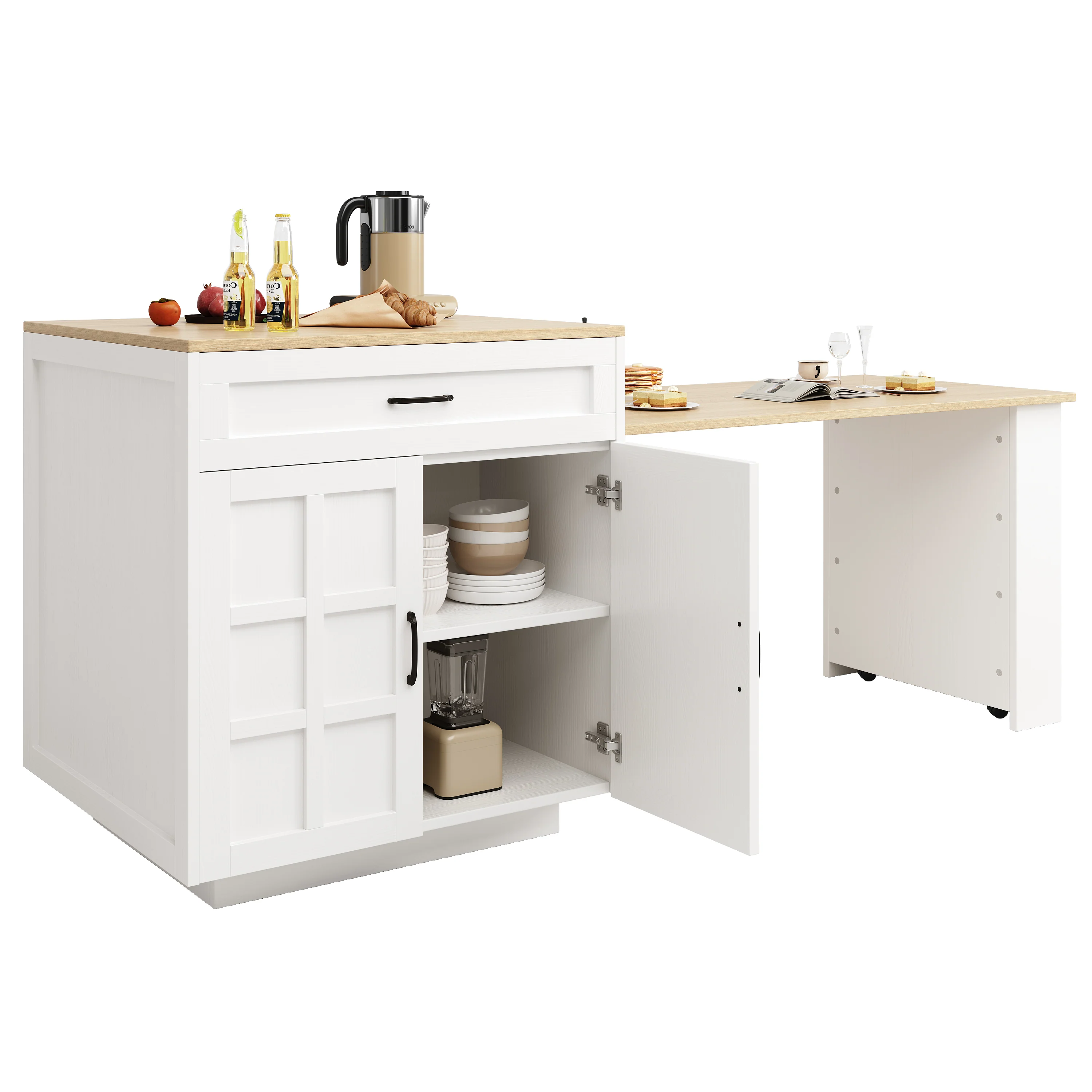 Extendable Bar Table Kitchen Island Dining Cart with Storage Drawers and Shelves White - Image 5