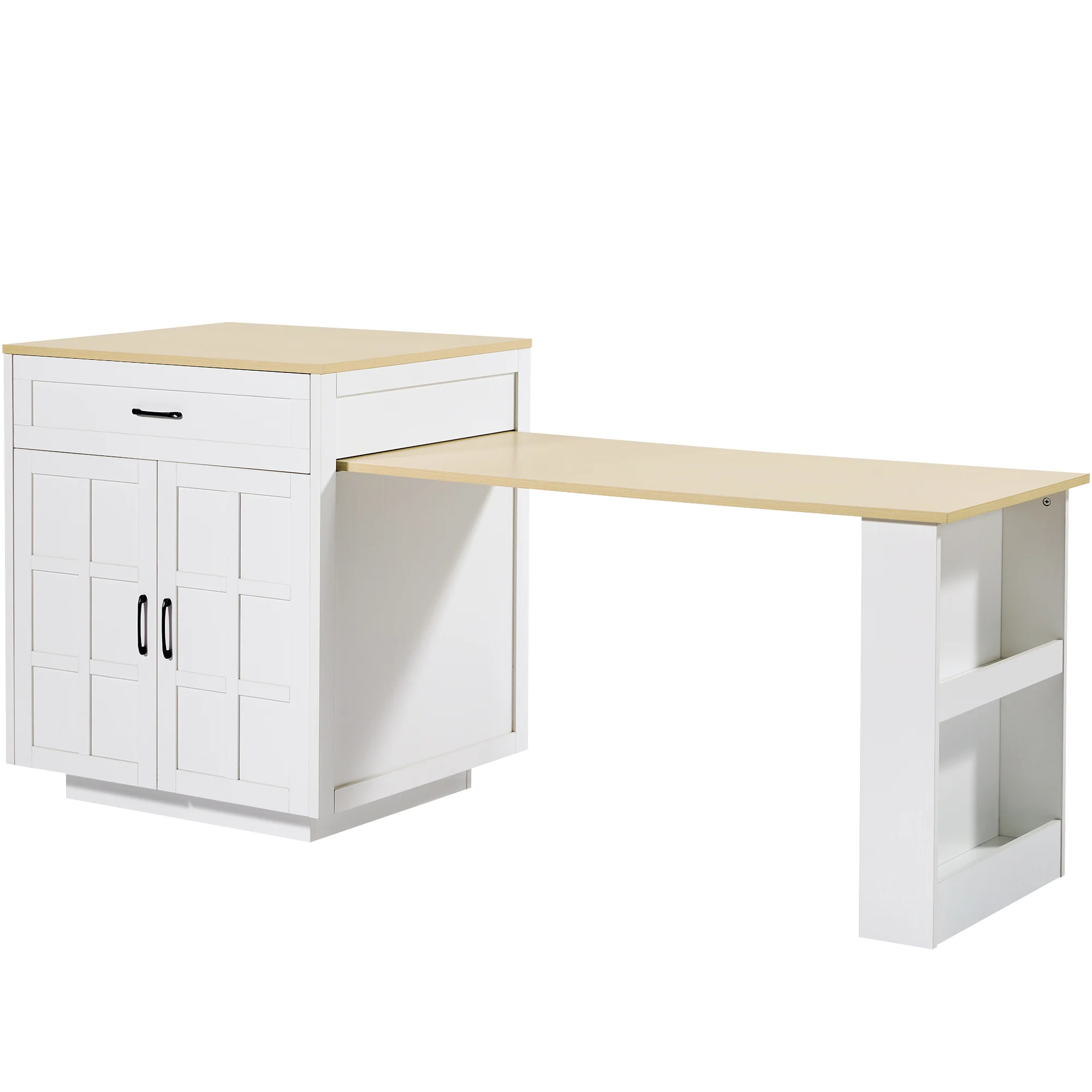 Extendable Bar Table Kitchen Island Dining Cart with Storage Drawers and Shelves White - Image 6