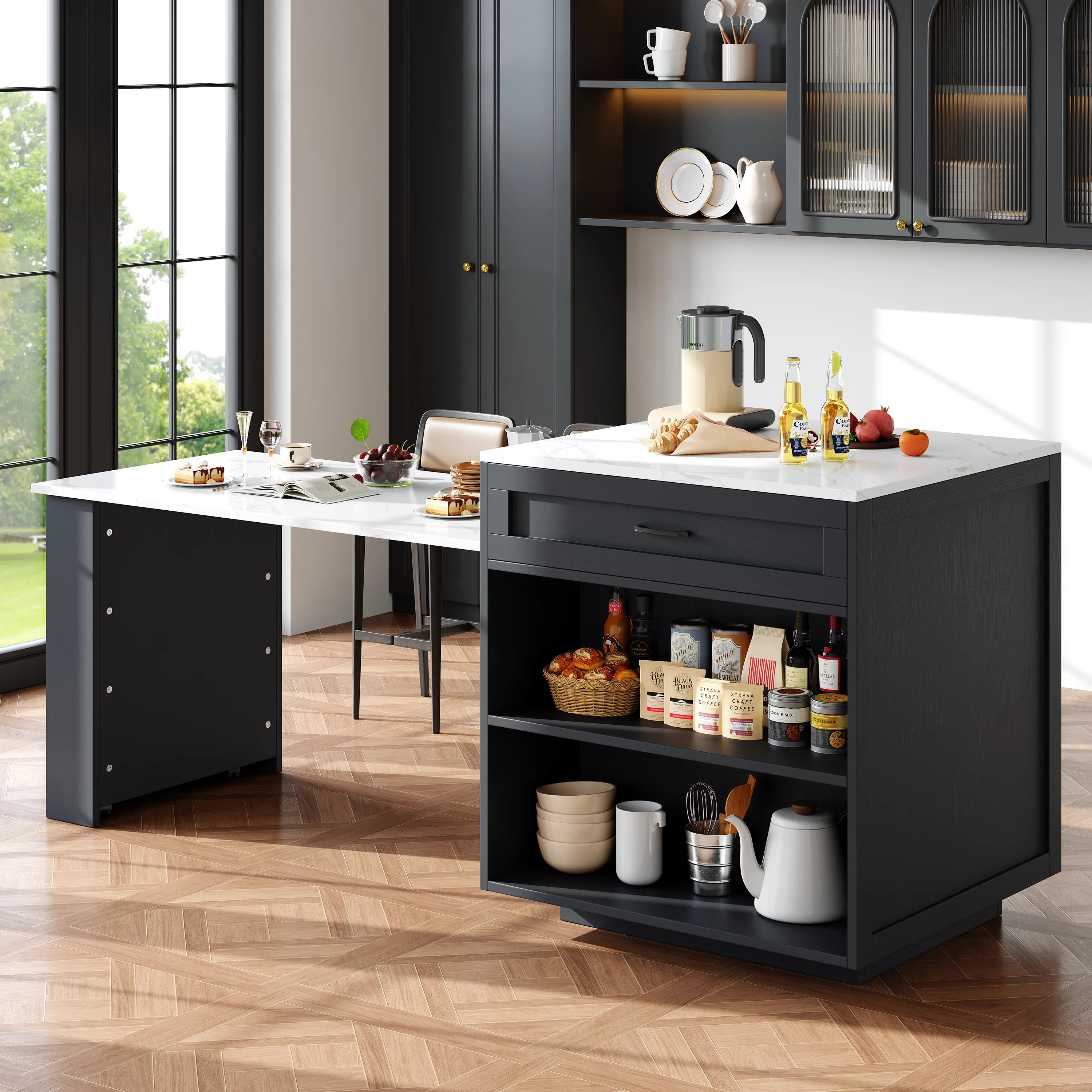 Extendable Bar Table Kitchen Island with Storage, 2 Drawers & Shelves - Black - Image 2