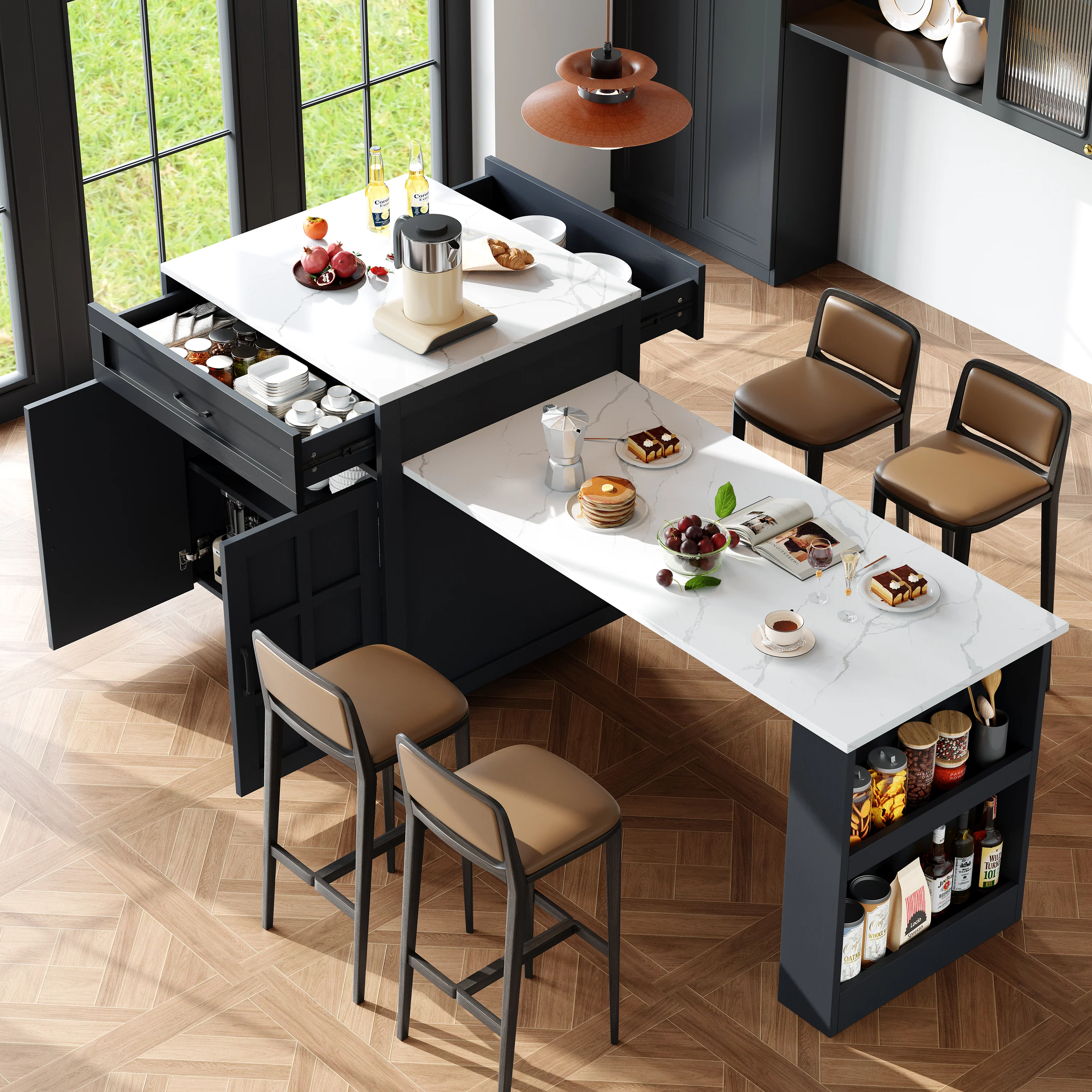 Extendable Bar Table Kitchen Island with Storage & Drawers - Black