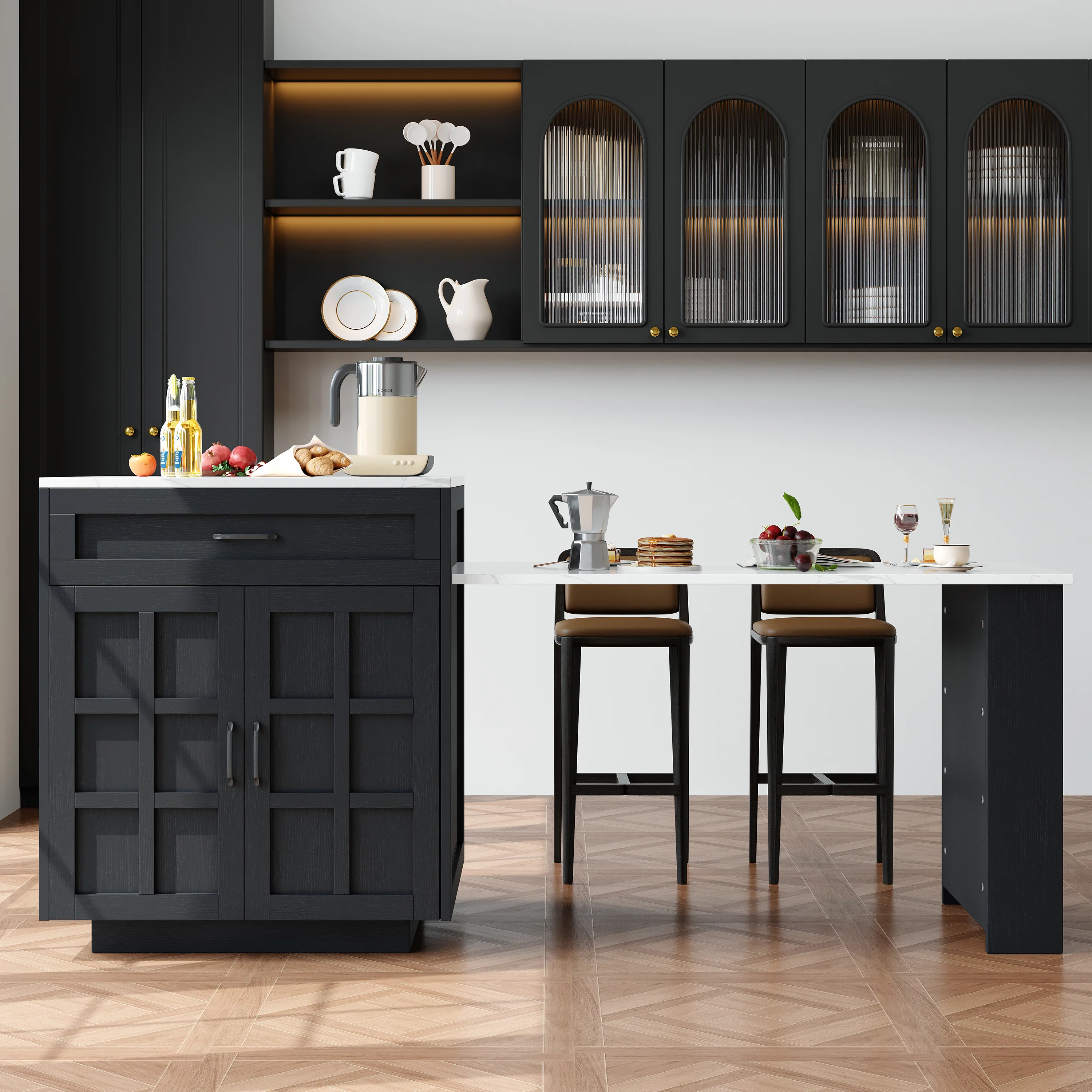 Extendable Bar Table Kitchen Island with Storage & Drawers - Black - Image 4