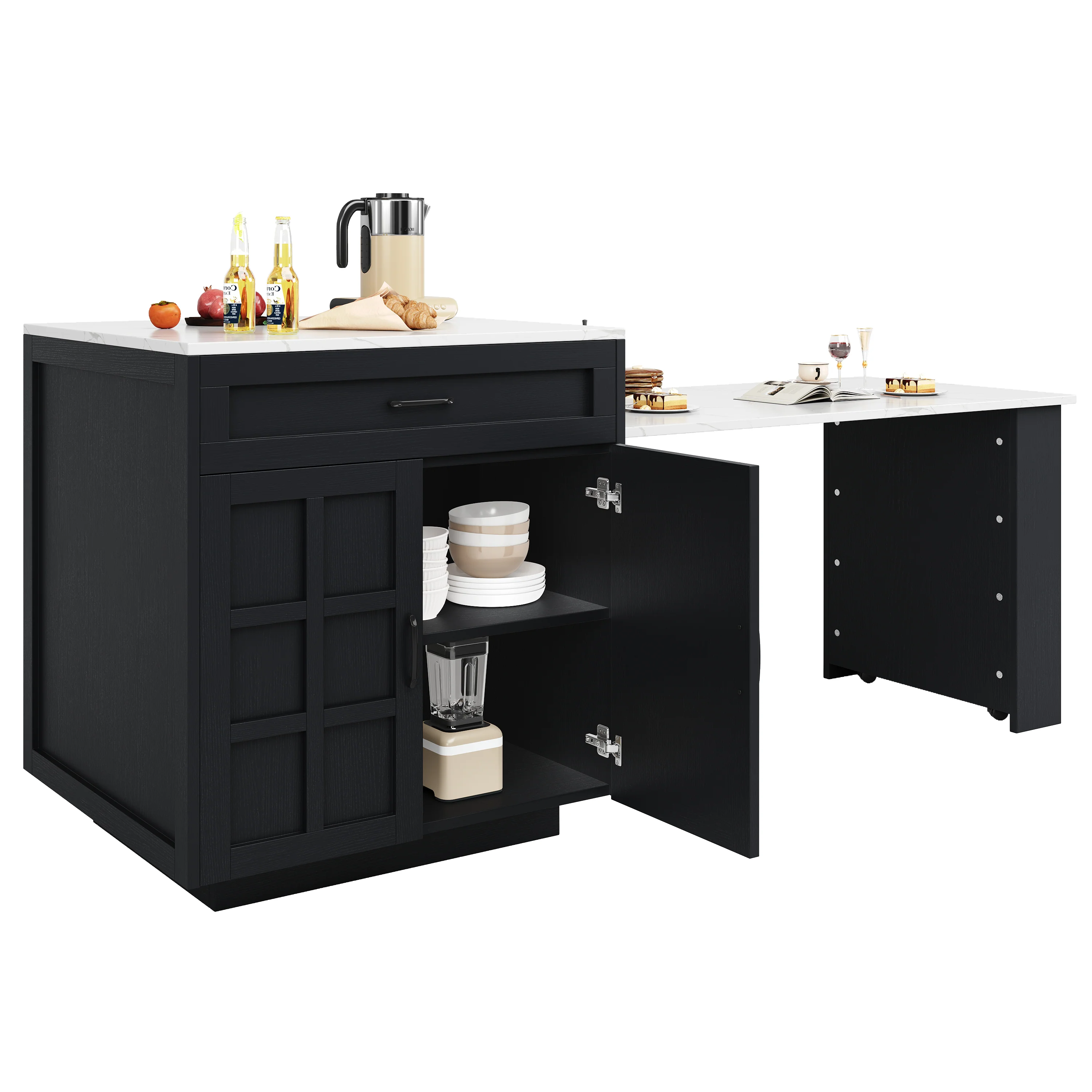 Extendable Bar Table Kitchen Island with Storage & Drawers - Black - Image 5