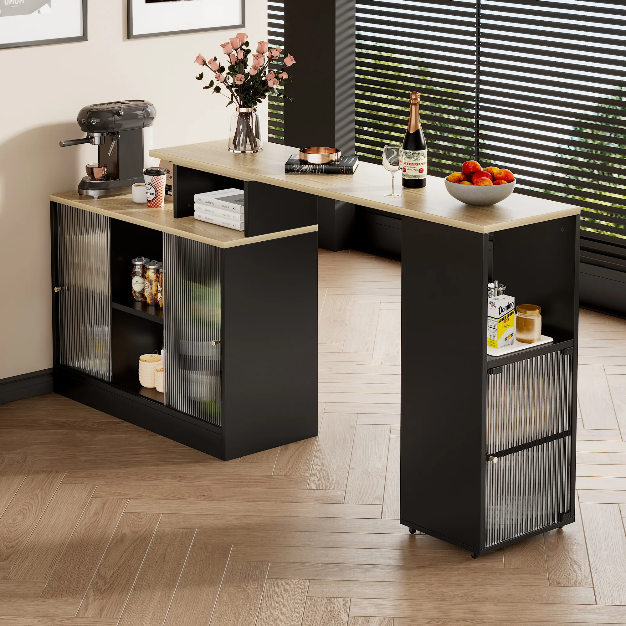 Extendable Bar Table Movable Swivel Storage Black - Image 2