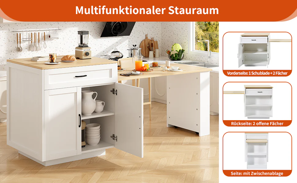 Extendable Bar Table Storage 2 Drawers Side Shelves - White - Image 10