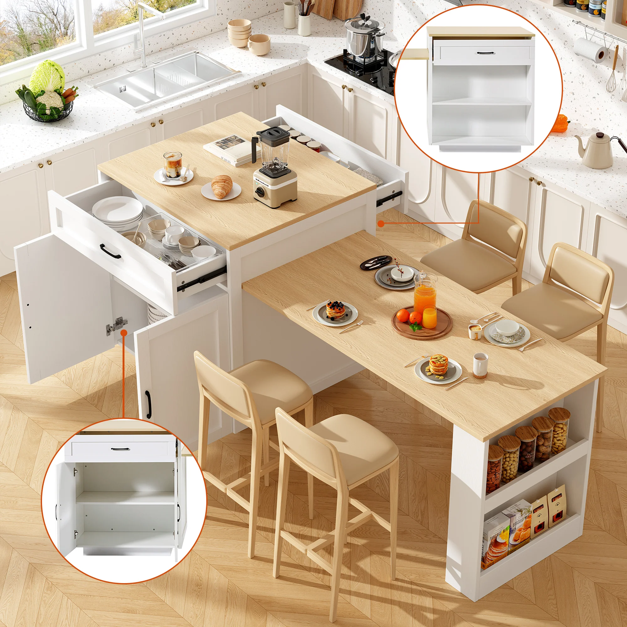 Extendable Bar Table Storage 2 Drawers Side Shelves - White - Image 2
