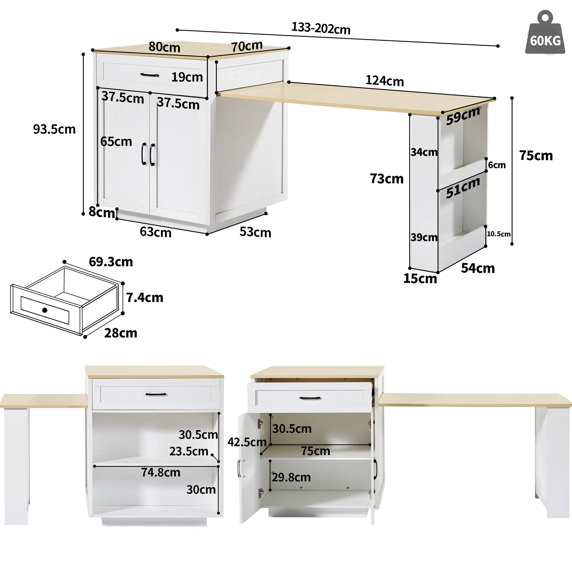 Extendable Bar Table Storage 2 Drawers Side Shelves - White - Image 3