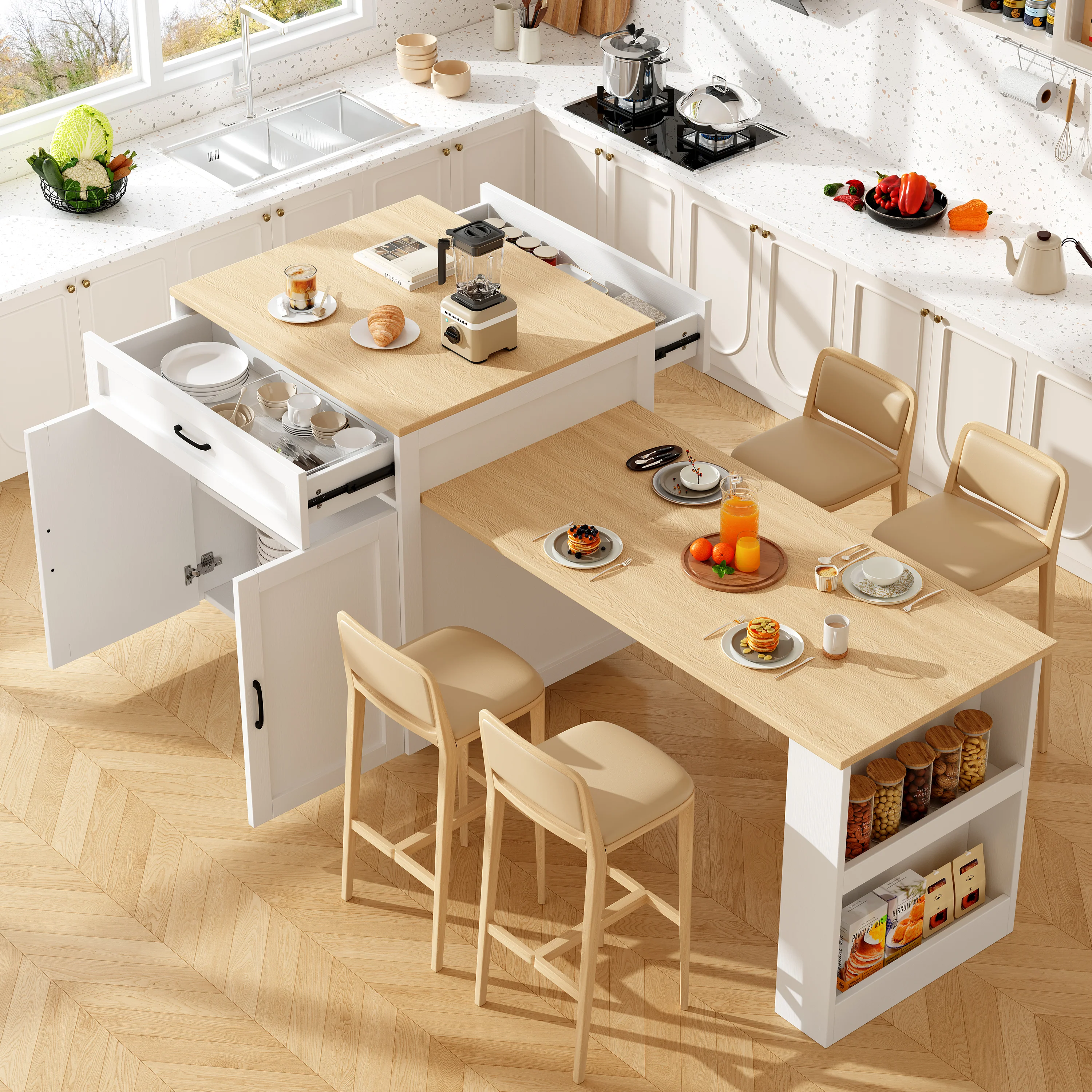 Extendable Bar Table Storage 2 Drawers Side Shelves - White - Image 4