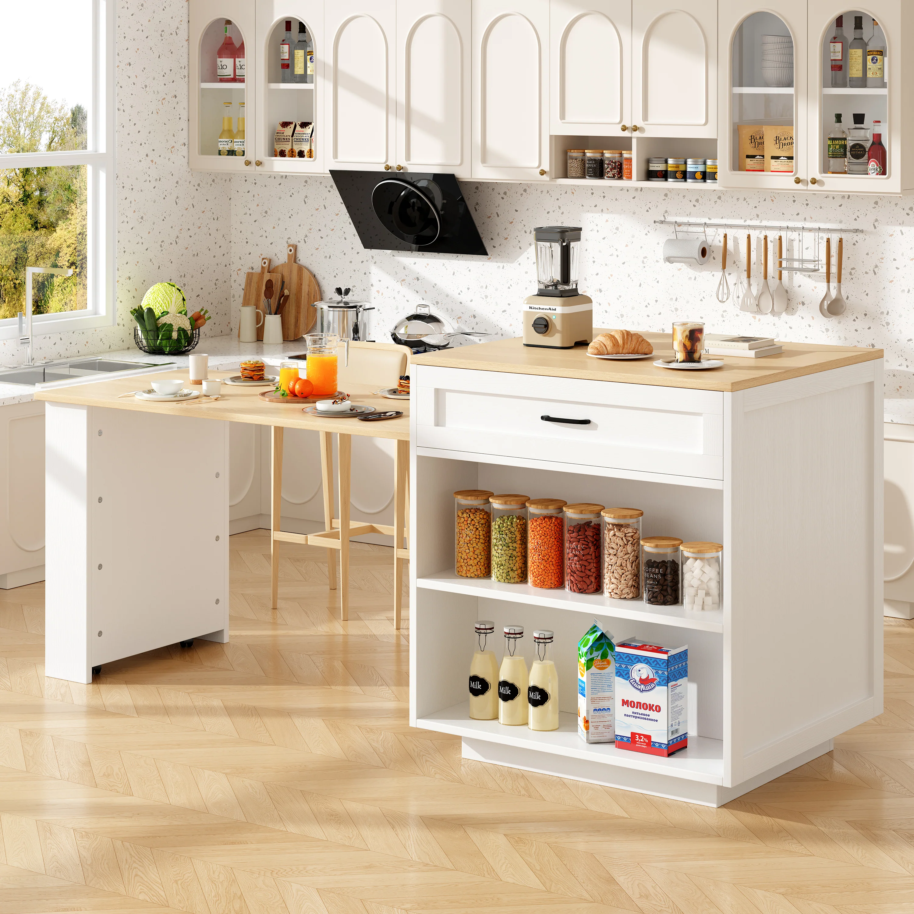 Extendable Bar Table Storage 2 Drawers Side Shelves - White - Image 6