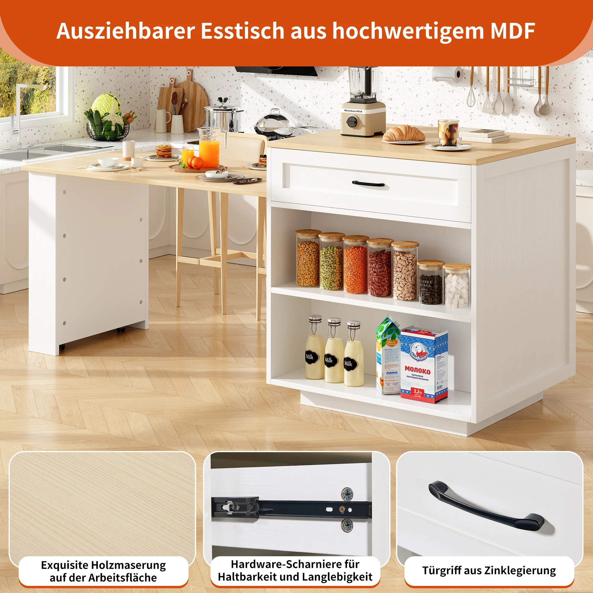 Extendable Bar Table Storage 2 Drawers Side Shelves - White - Image 7