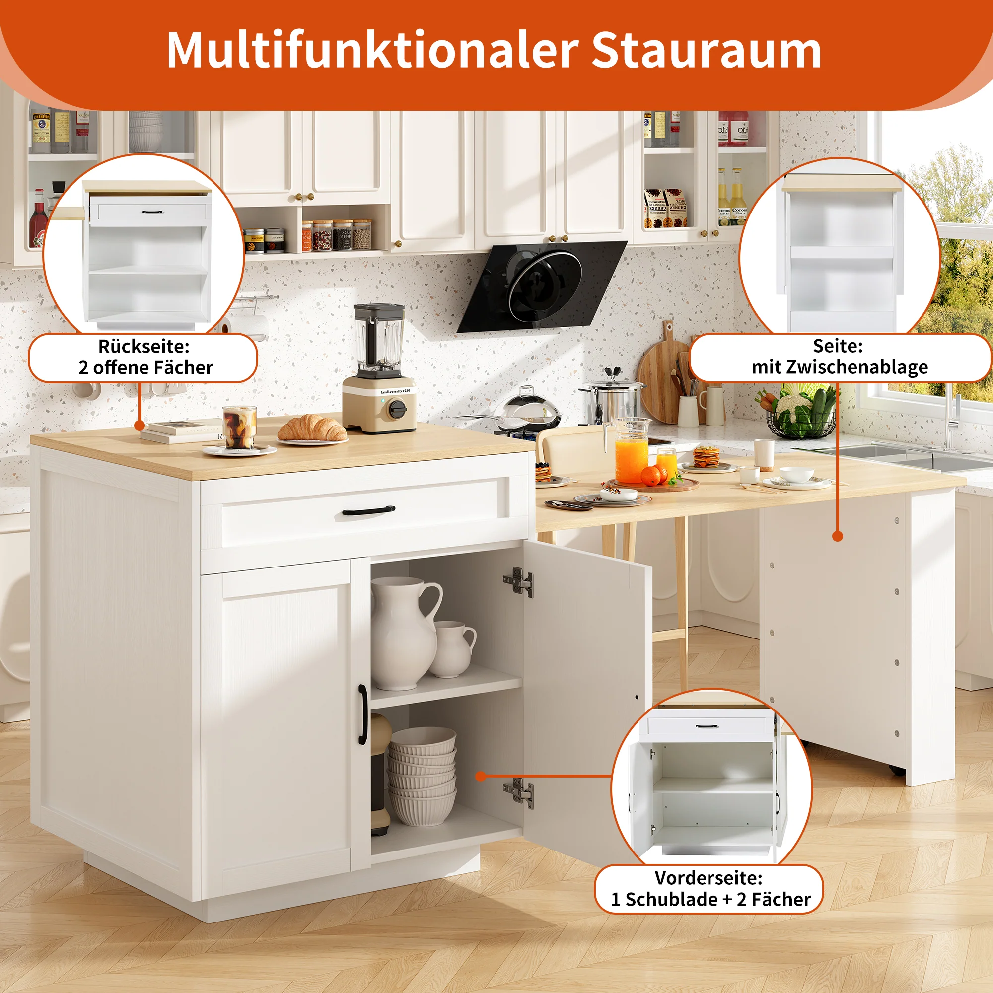 Extendable Bar Table Storage 2 Drawers Side Shelves - White - Image 9