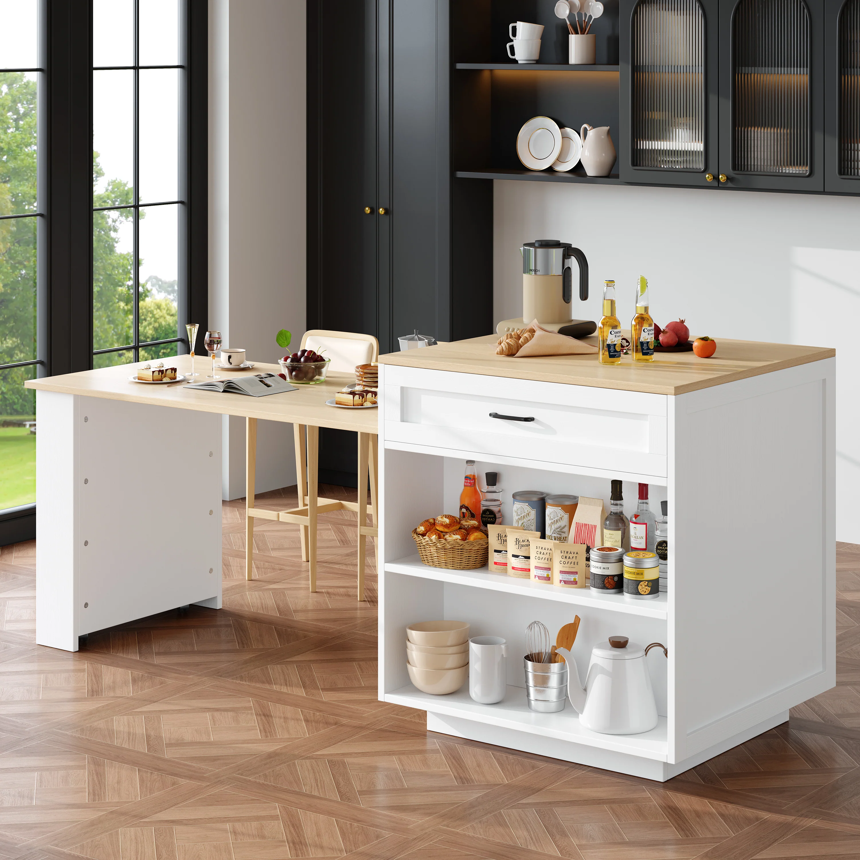 Extendable Bar Table Storage Drawers Shelves Kitchen Island - White - Image 3
