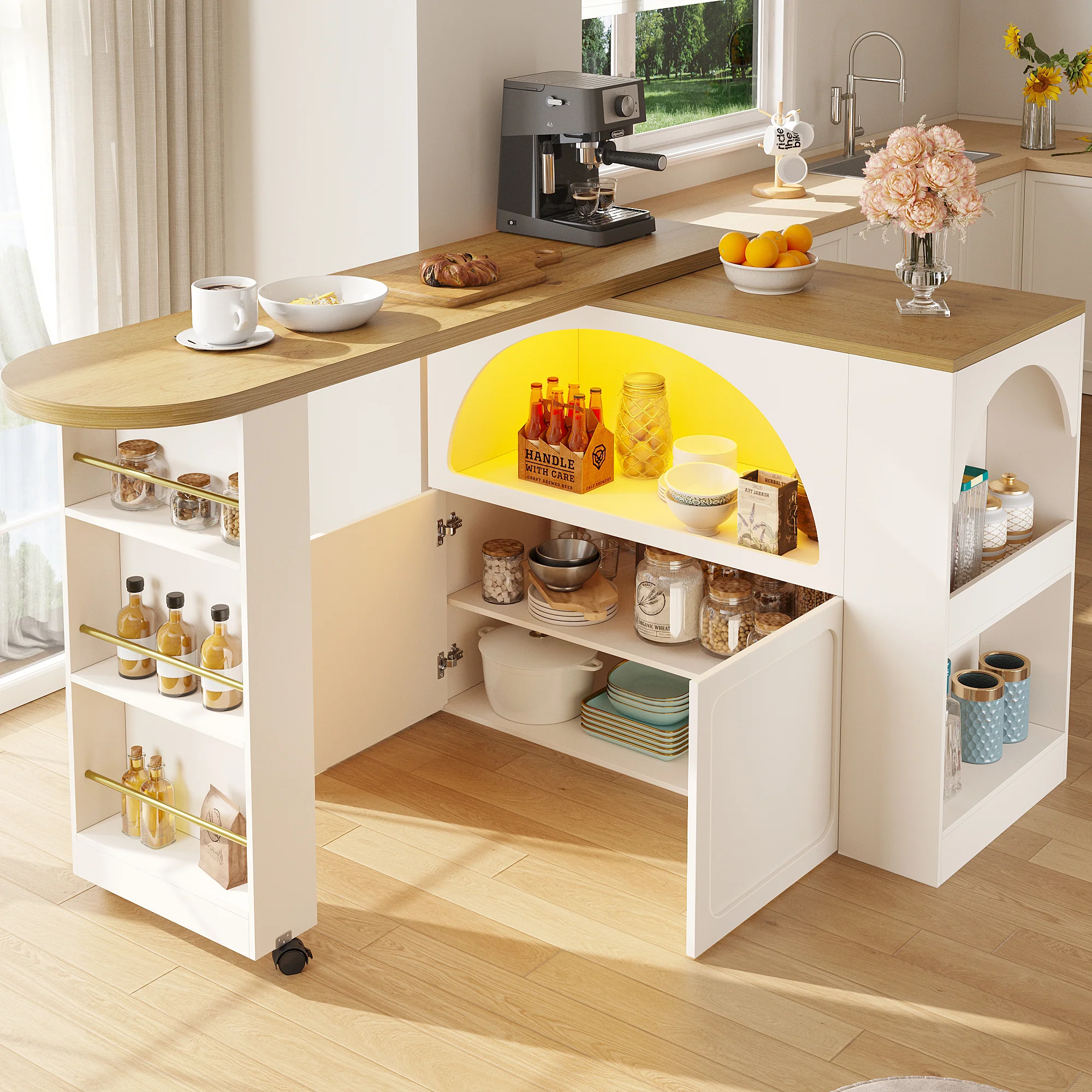 Extendable Bar Table Storage LED Curved Door Design - White - Image 2