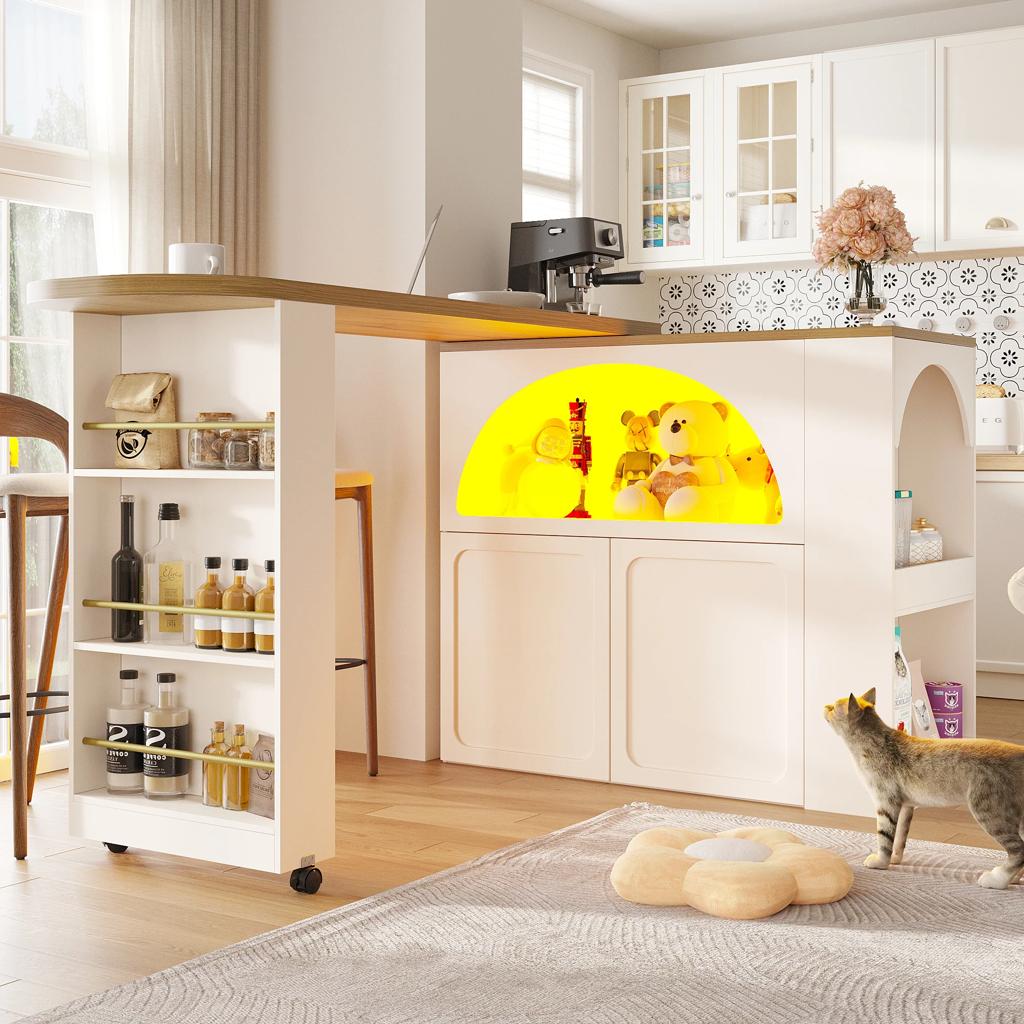 Extendable Bar Table Storage LED Curved Door Design - White - Image 3