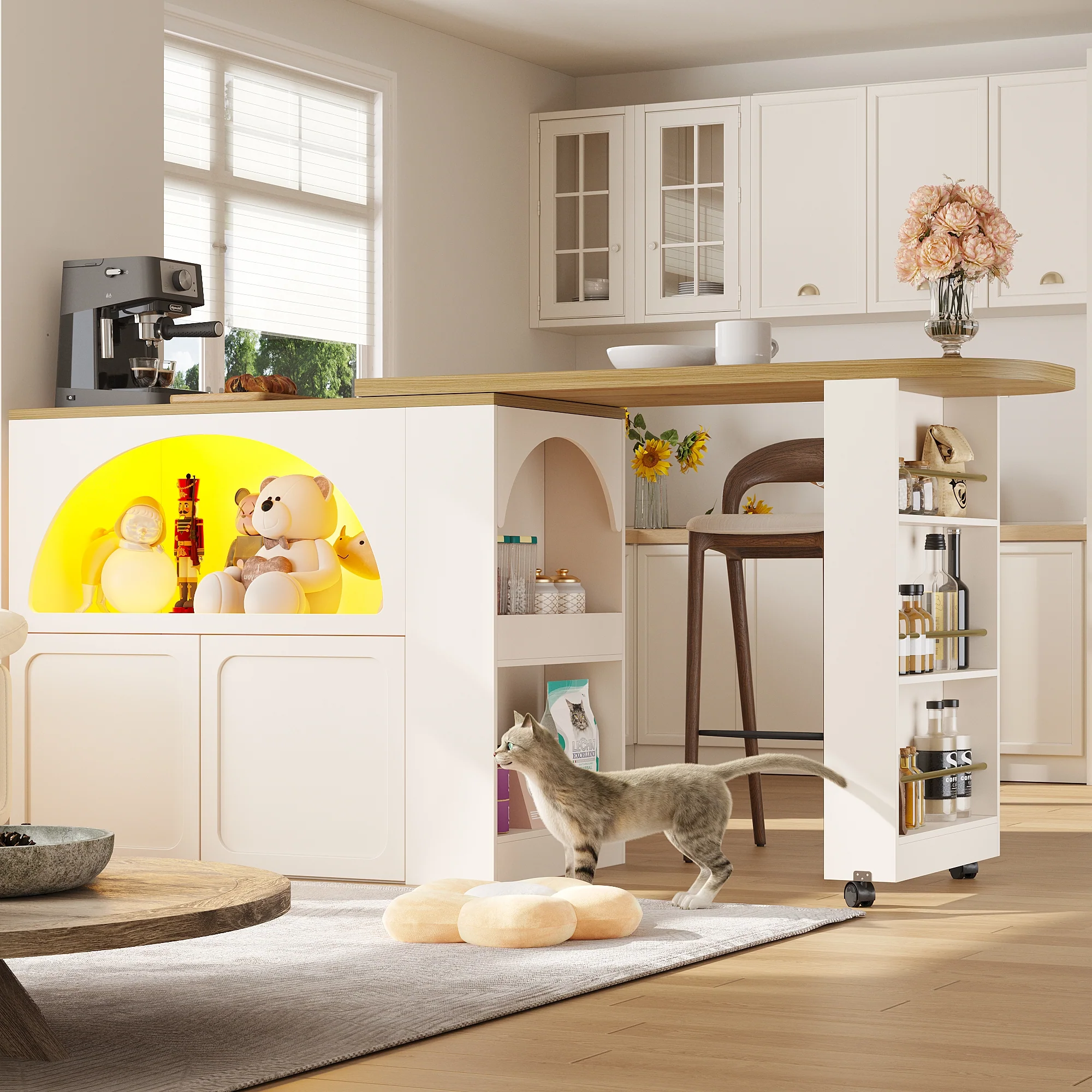 Extendable Bar Table Storage LED Curved Door Design - White - Image 4